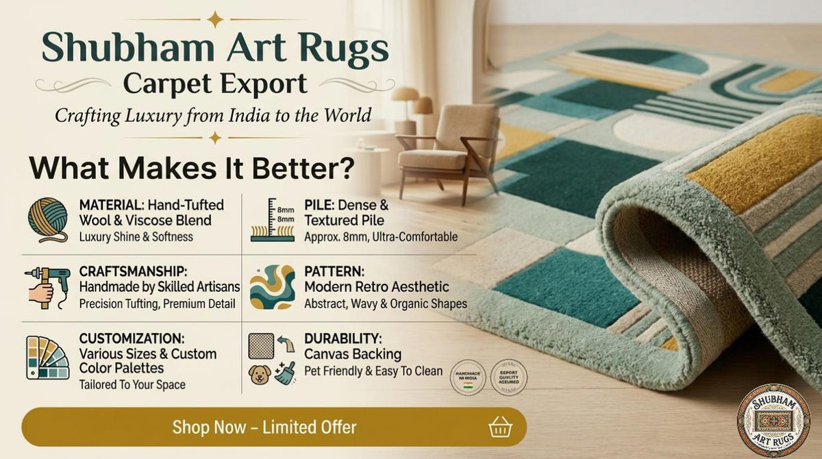 Sage Geometry Hand Tufted Wool Rug, Mid Century Modern Abstract Carpet