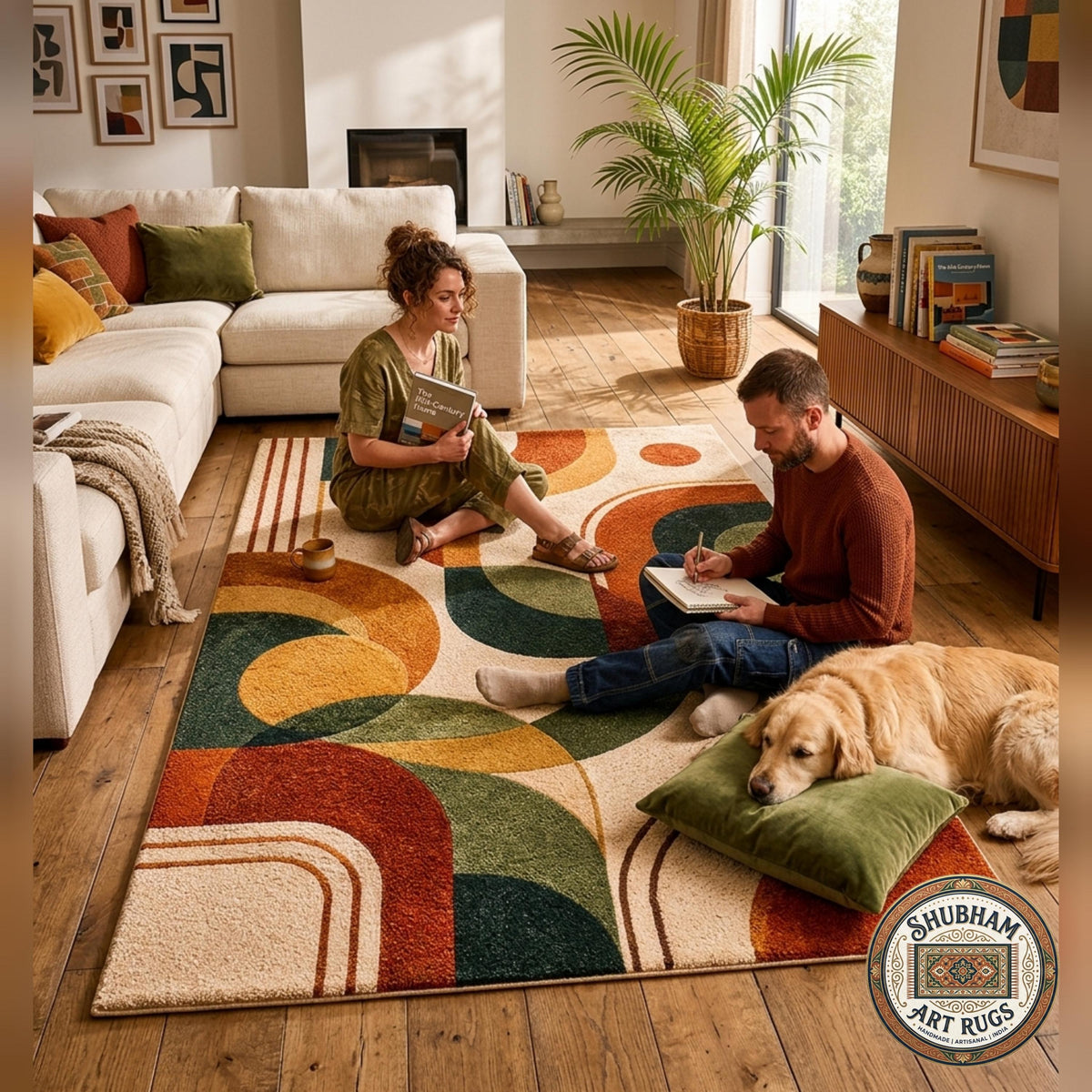 Hand Tufted Wool Rug, Modern Retro Abstract Geometric Carpet, Living Room Decor