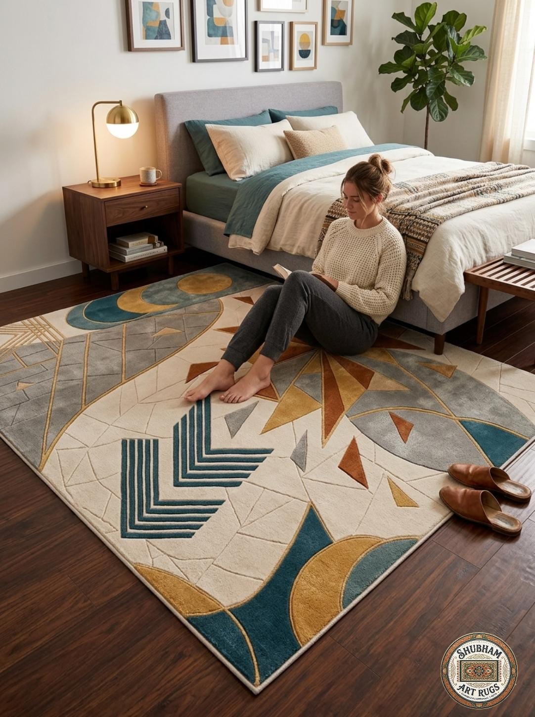 Hand Tufted Wool Rug, Abstract Celestial Geometric Carpet, Boho Living Room Area Rug