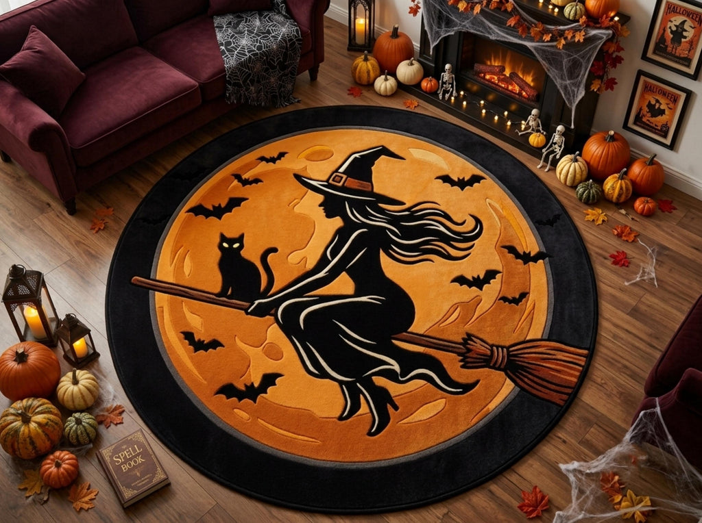 Hand Tufted Halloween Witch Rug, New Zealand Wool Area Rug, Black Orange Fall Decor, Cozy Gothic Home Bedroom Living Room Carpet Accent