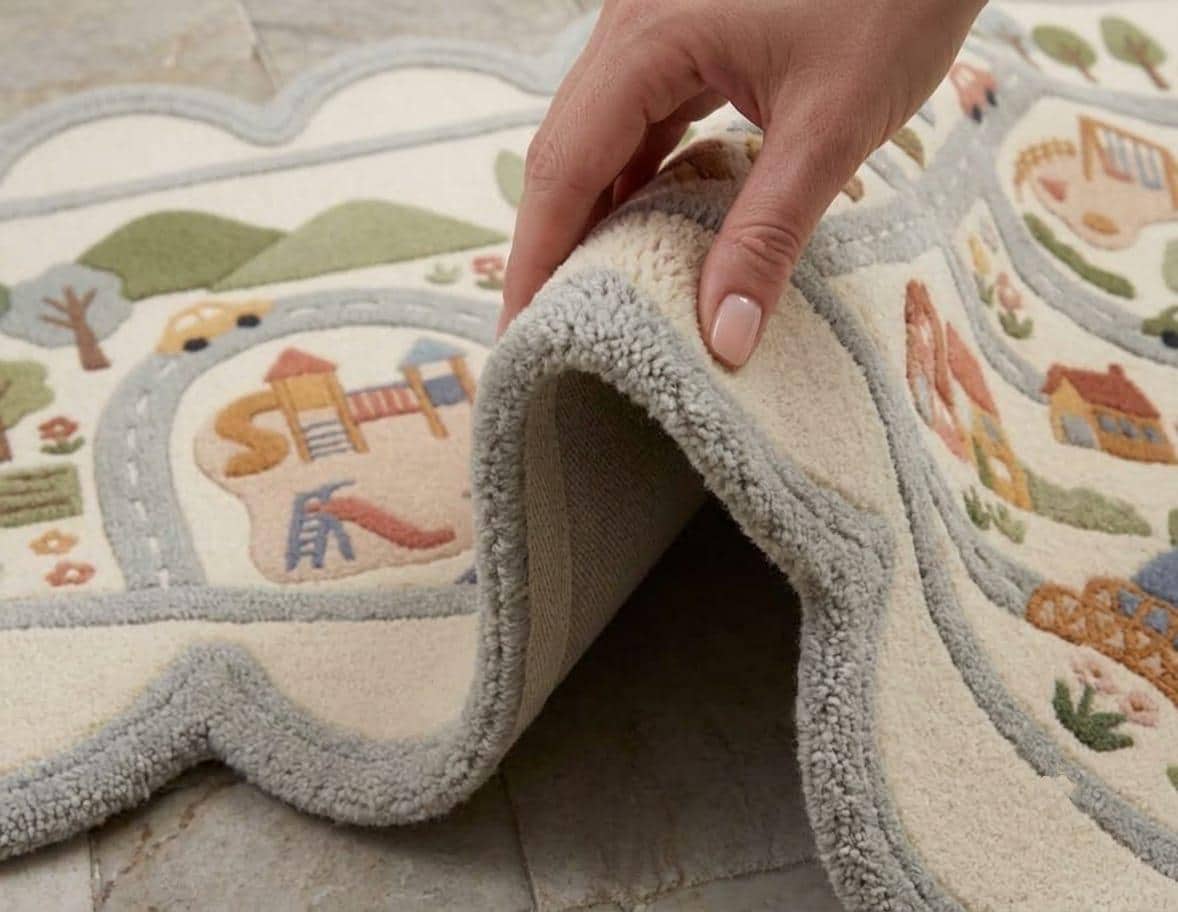 Hand Tufted New Zealand Wool Kids Road Map Rug Scalloped Border Playroom Boho Living Room Carpet