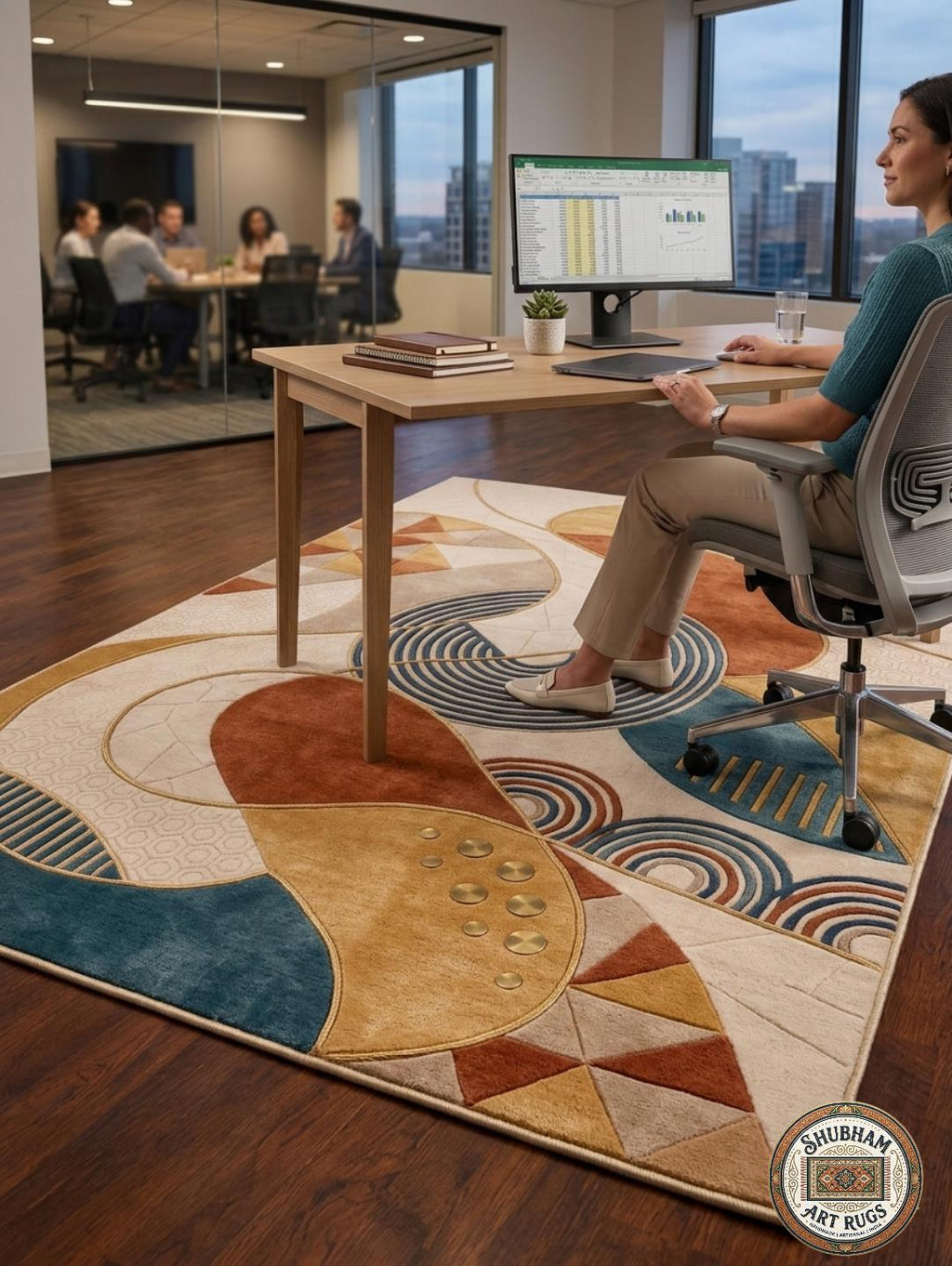 Hand Tufted Wool Area Rug, Modern Abstract Geometric Carpet, Beige Teal Rust Living Room