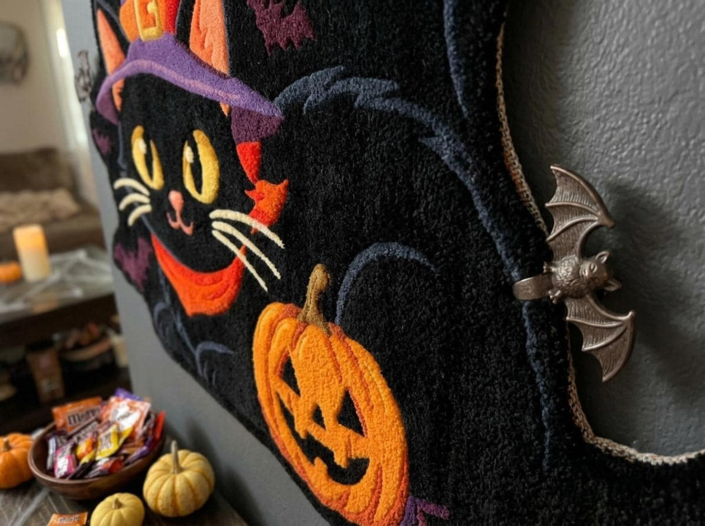 Hand Tufted Halloween Cat Rug, Black Cat Witch Rug, New Zealand Wool Area Rug, Spooky Pumpkin Decor, Gothic Fall Home Accent Gift Idea