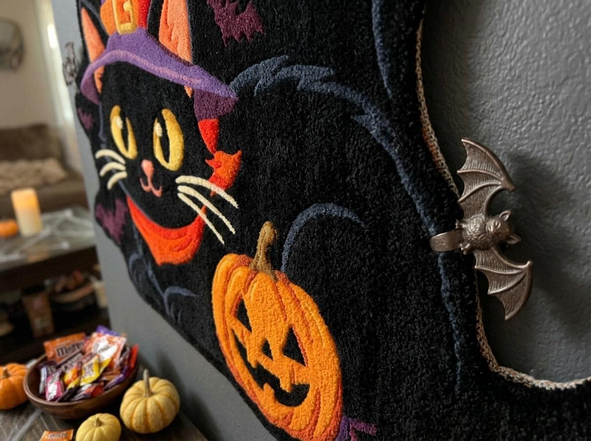 Hand Tufted Halloween Cat Rug, Black Cat Witch Rug, New Zealand Wool Area Rug, Spooky Pumpkin Decor, Gothic Fall Home Accent Gift Idea