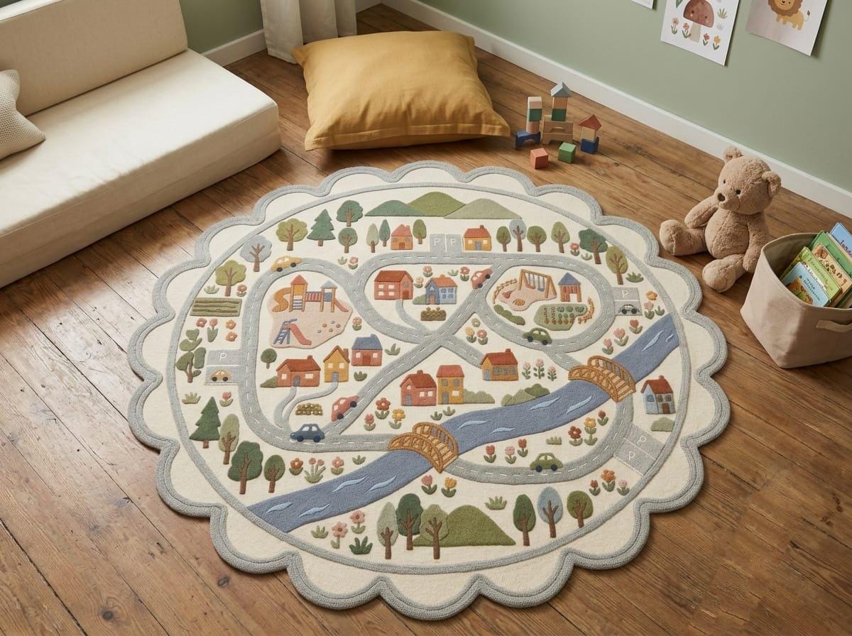 Hand Tufted New Zealand Wool Kids Road Map Rug Scalloped Border Playroom Boho Living Room Carpet