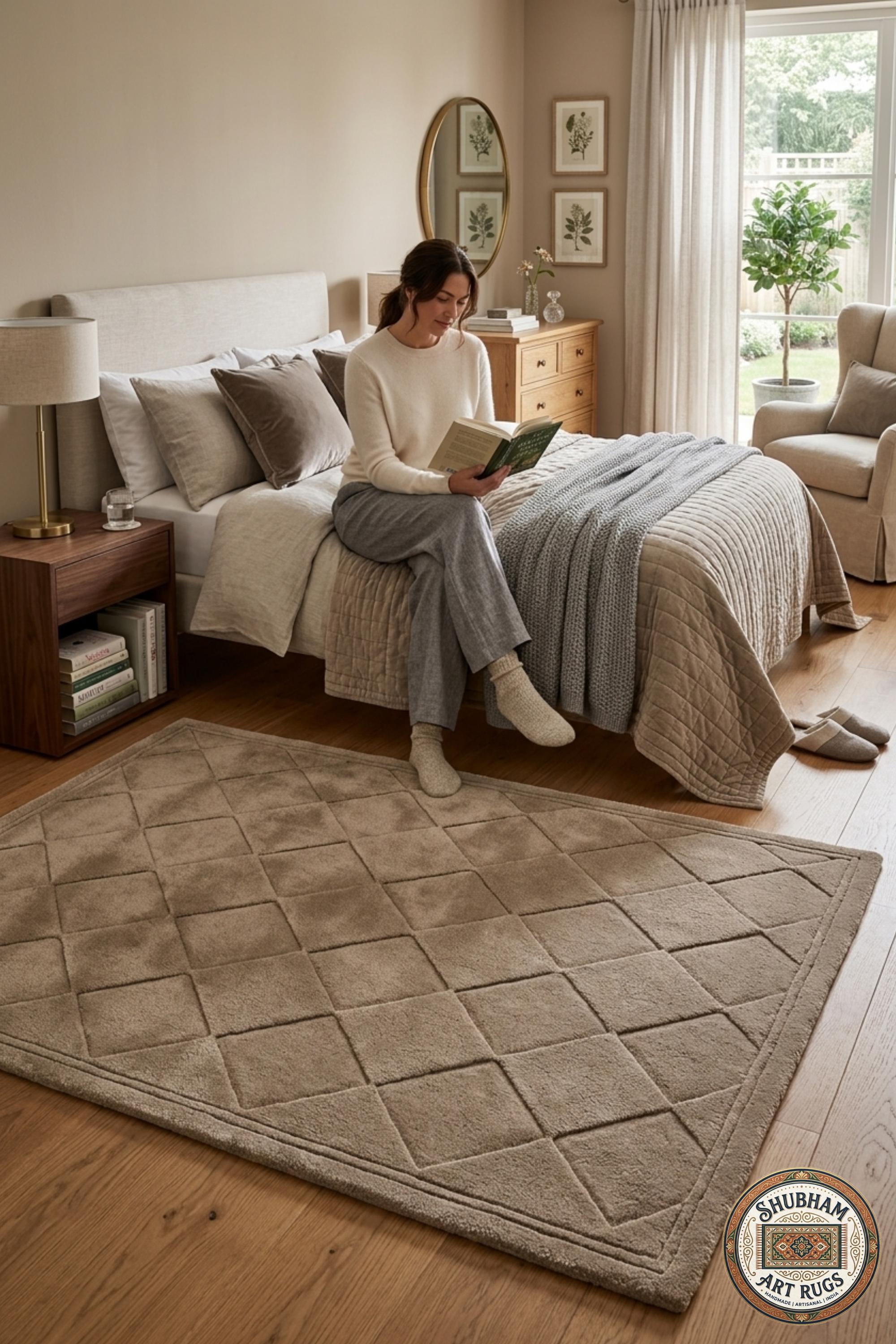Hand Tufted Wool Rug, Beige Geometric Diamond, Modern Plush Carpet, Minimalist Home Decor