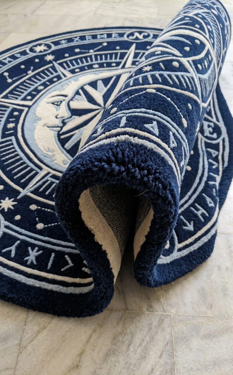 Hand Tufted New Zealand Wool Celestial Compass Rug, Moon Stars Astrology Living Room Decor Rug