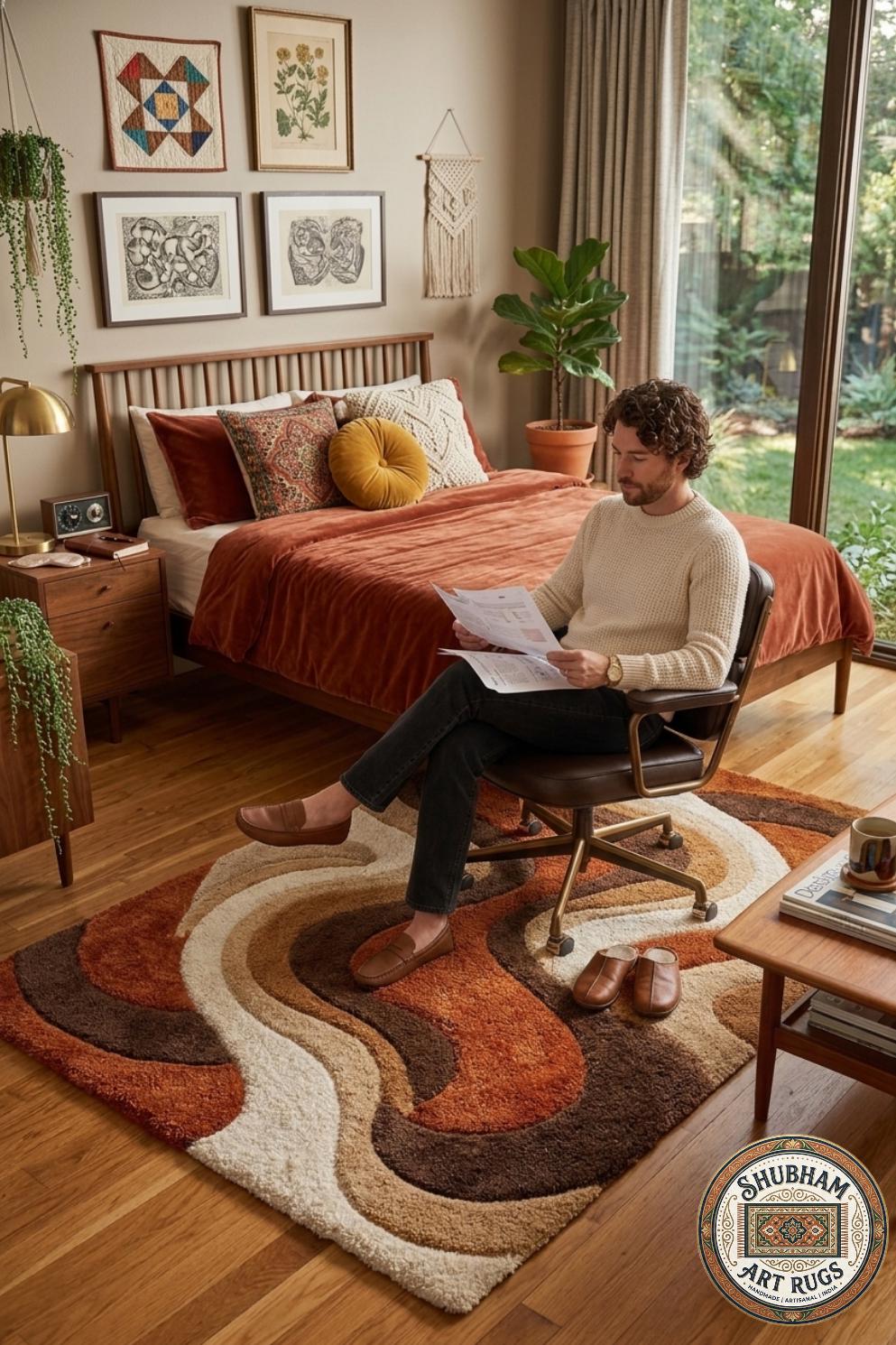 Hand Tufted Wool Rug: Retro Wave Abstract Design, Living Room Bedroom Carpet
