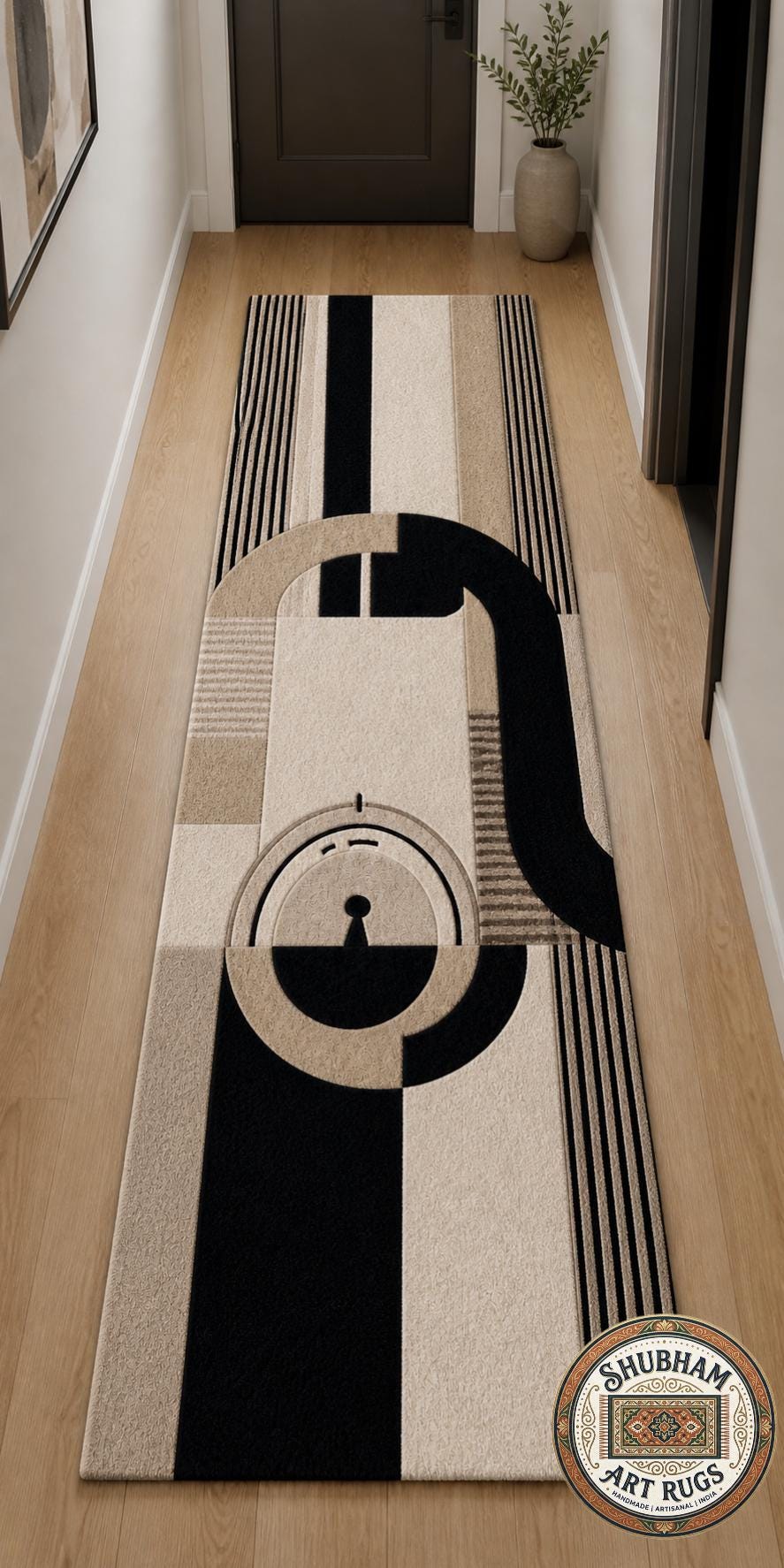 Hand Tufted Wool Abstract Round Rug, Black Beige Geometric Modern Carpet
