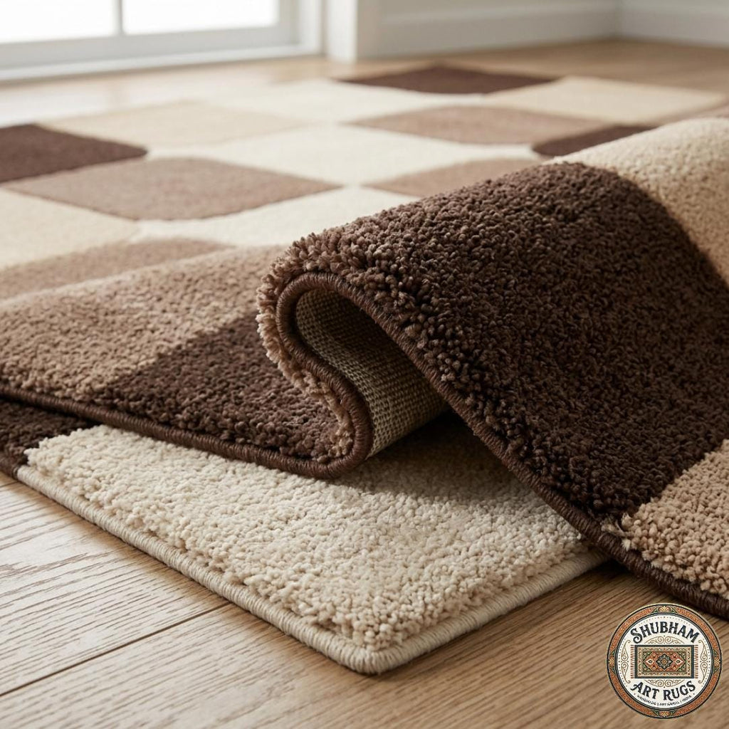 Hand Tufted Wool Runner Rug, Modern Geometric Hallway Carpet, Neutral Beige Brown, Indian Artistry