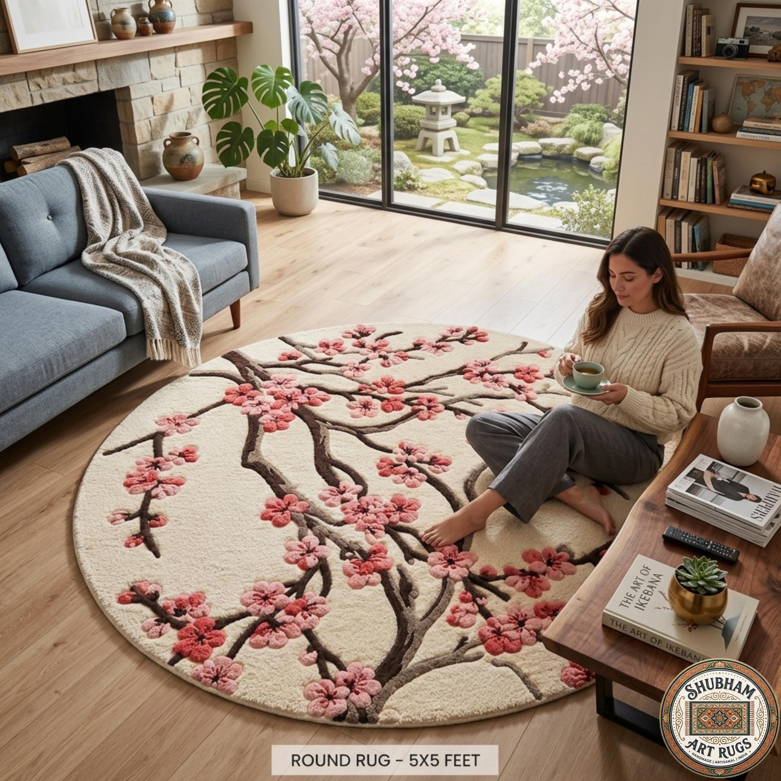 Hand Tufted Cherry Blossom Wool Rug, New Zealand Wool, Organic Floral Carpet Runner