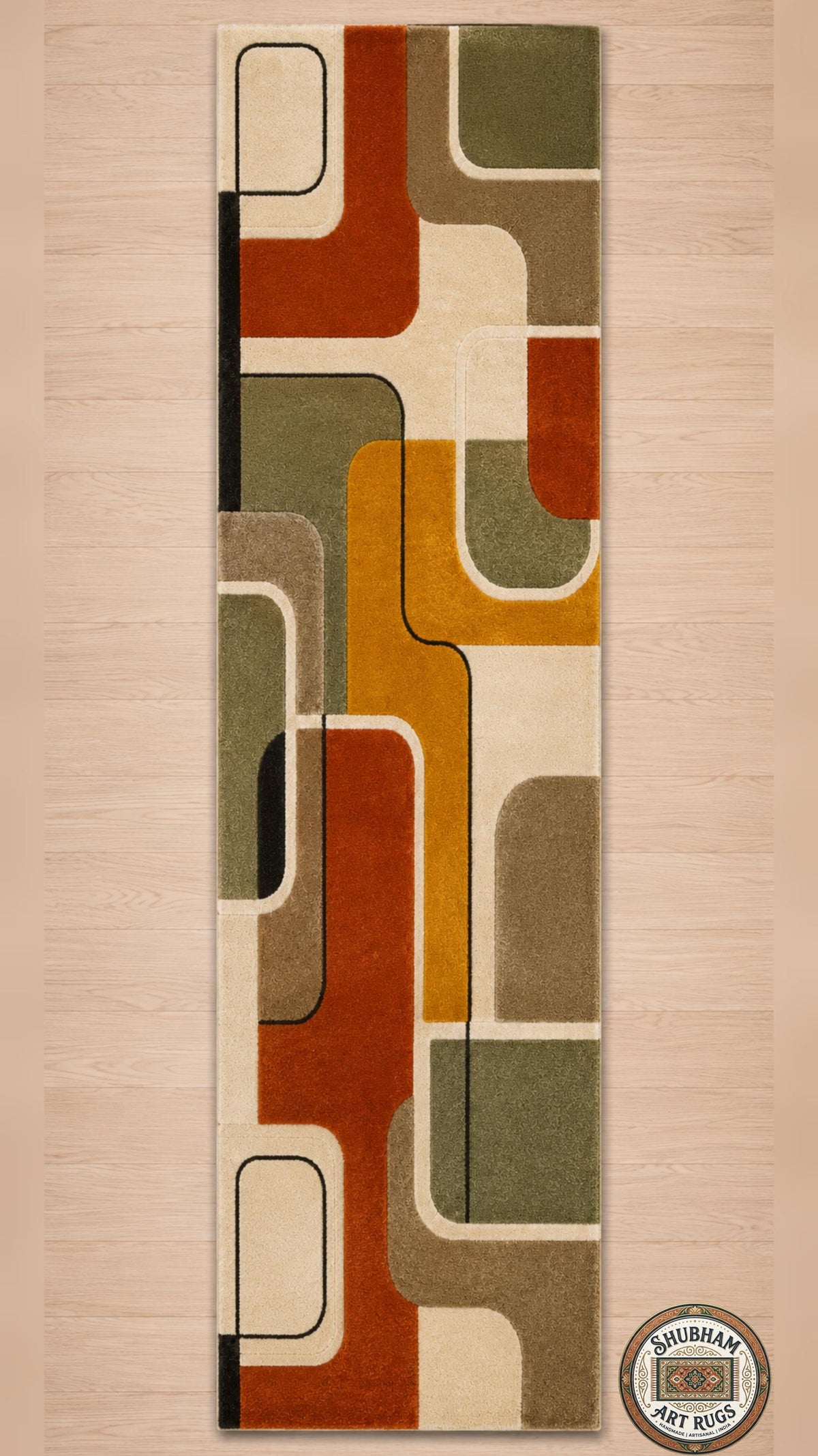 Hand Tufted Wool Rug, Mid Century Modern Abstract Geometric Carpet, Retro Runner