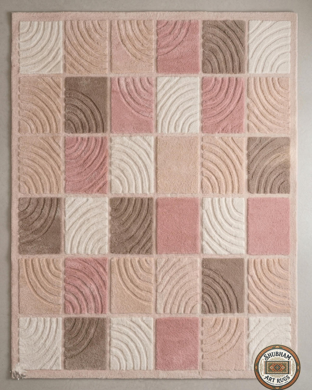 Hand Tufted Wool Rug, Soft Pink Beige Checkered Nursery Carpet, New Zealand wool