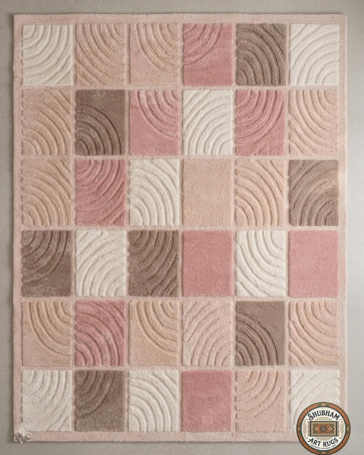 Hand Tufted Wool Rug, Soft Pink Beige Checkered Nursery Carpet, New Zealand wool