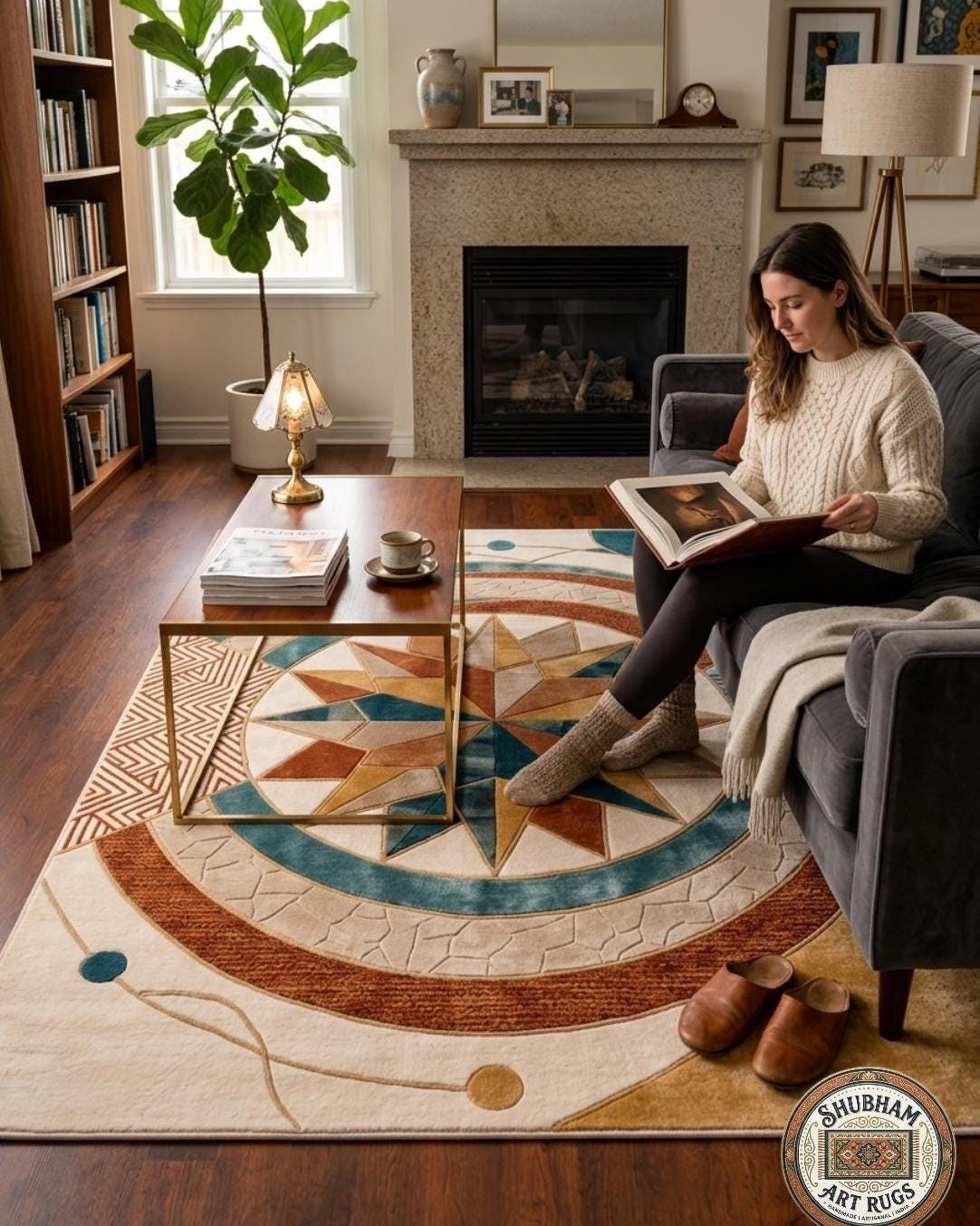 Hand Tufted Wool Rug, Geometric Compass Design, Modern Boho Living Room Carpet