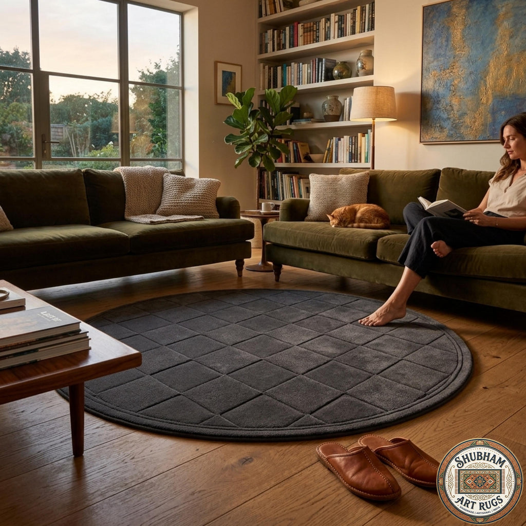 Hand Tufted Wool Rug: Dark Grey Geometric Diamond, Modern Minimalist Area Carpet