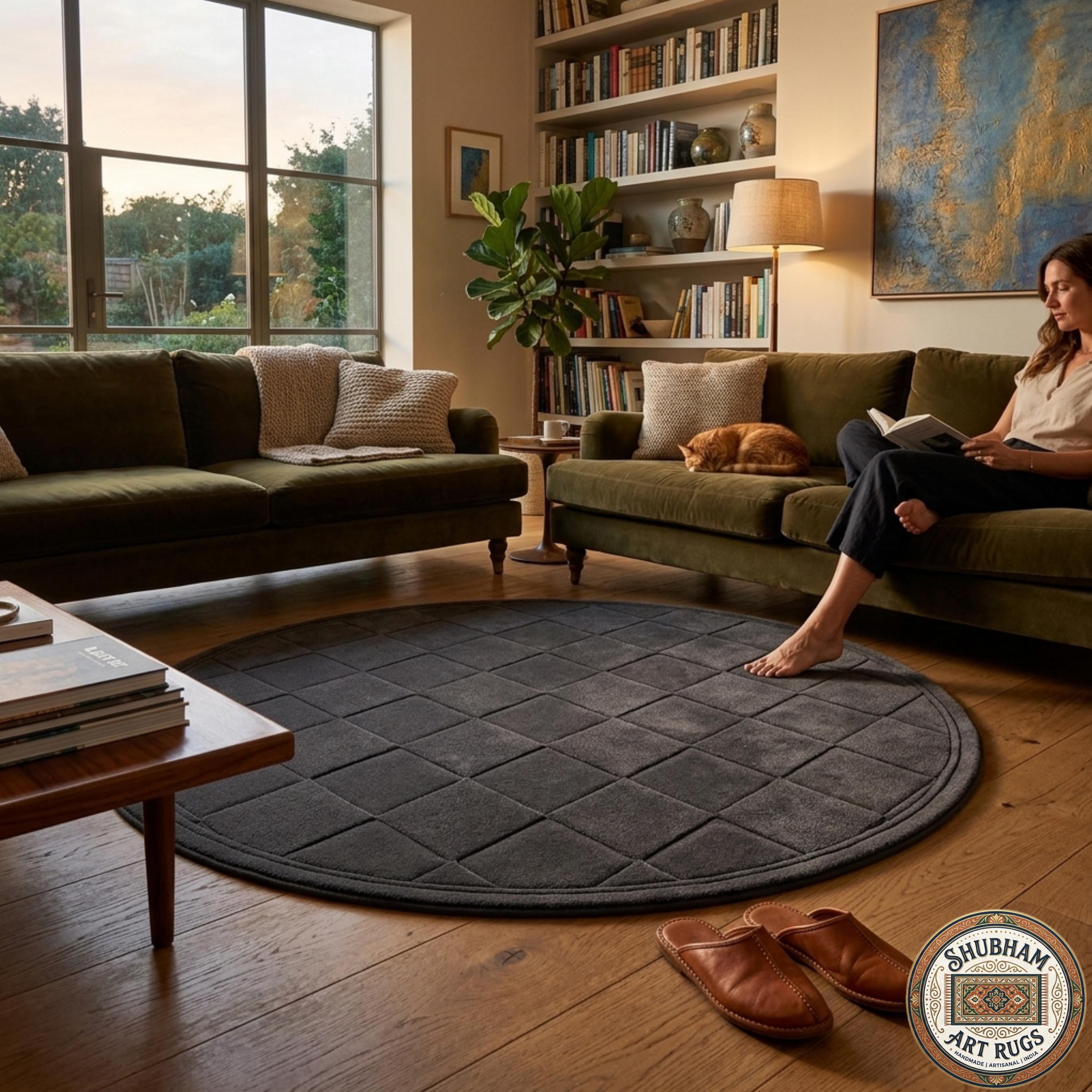 Hand Tufted Wool Rug: Dark Grey Geometric Diamond, Modern Minimalist Area Carpet
