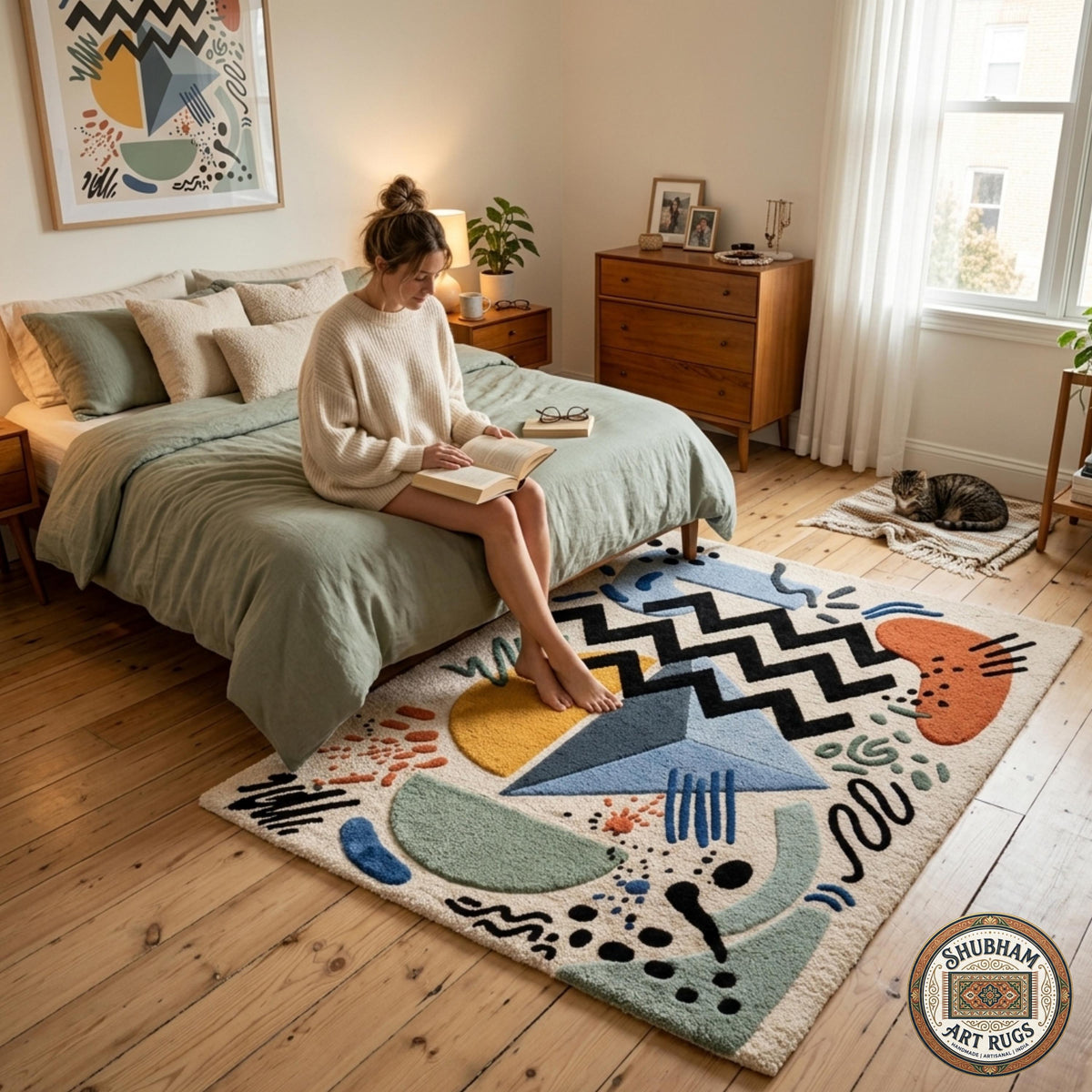 Abstract Hand Tufted Wool Rug, Geometric Indian Carpet, Luxury Living Room Area Rug