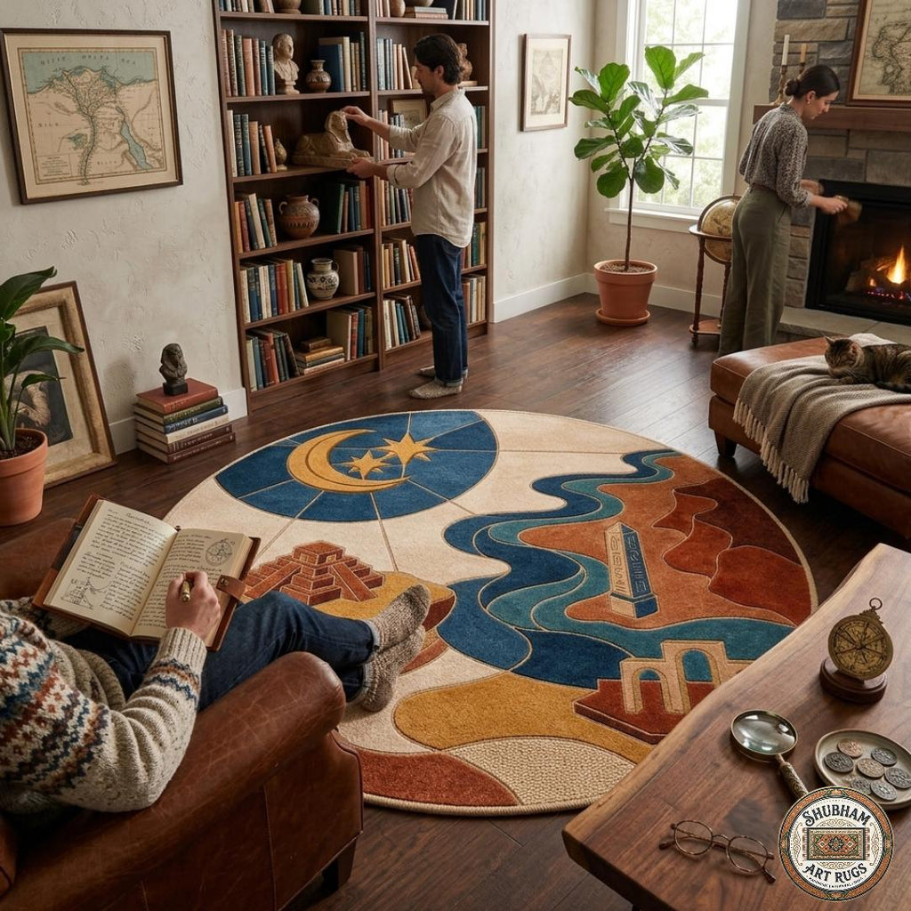 Hand Tufted Wool Area Rug, Celestial Moon Star Abstract Boho Carpet