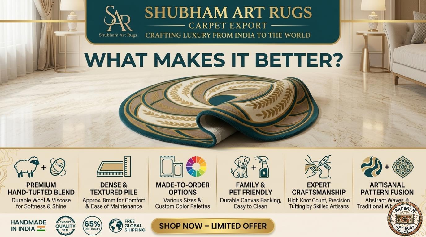 Hand Tufted Wool Rug: Abstract Swirl Leaf Design, Green Beige Gold Carpet