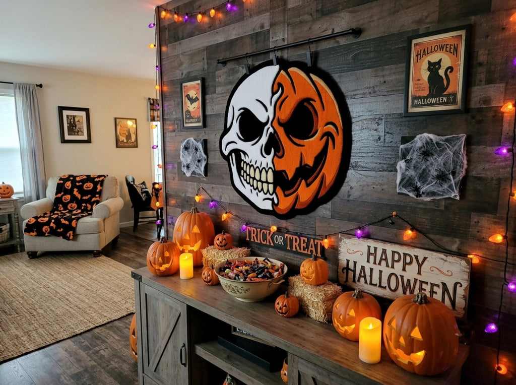 Hand Tufted Skull Pumpkin Halloween Wool Rug, Gothic Fall Decor Minimalist Living Room Carpet