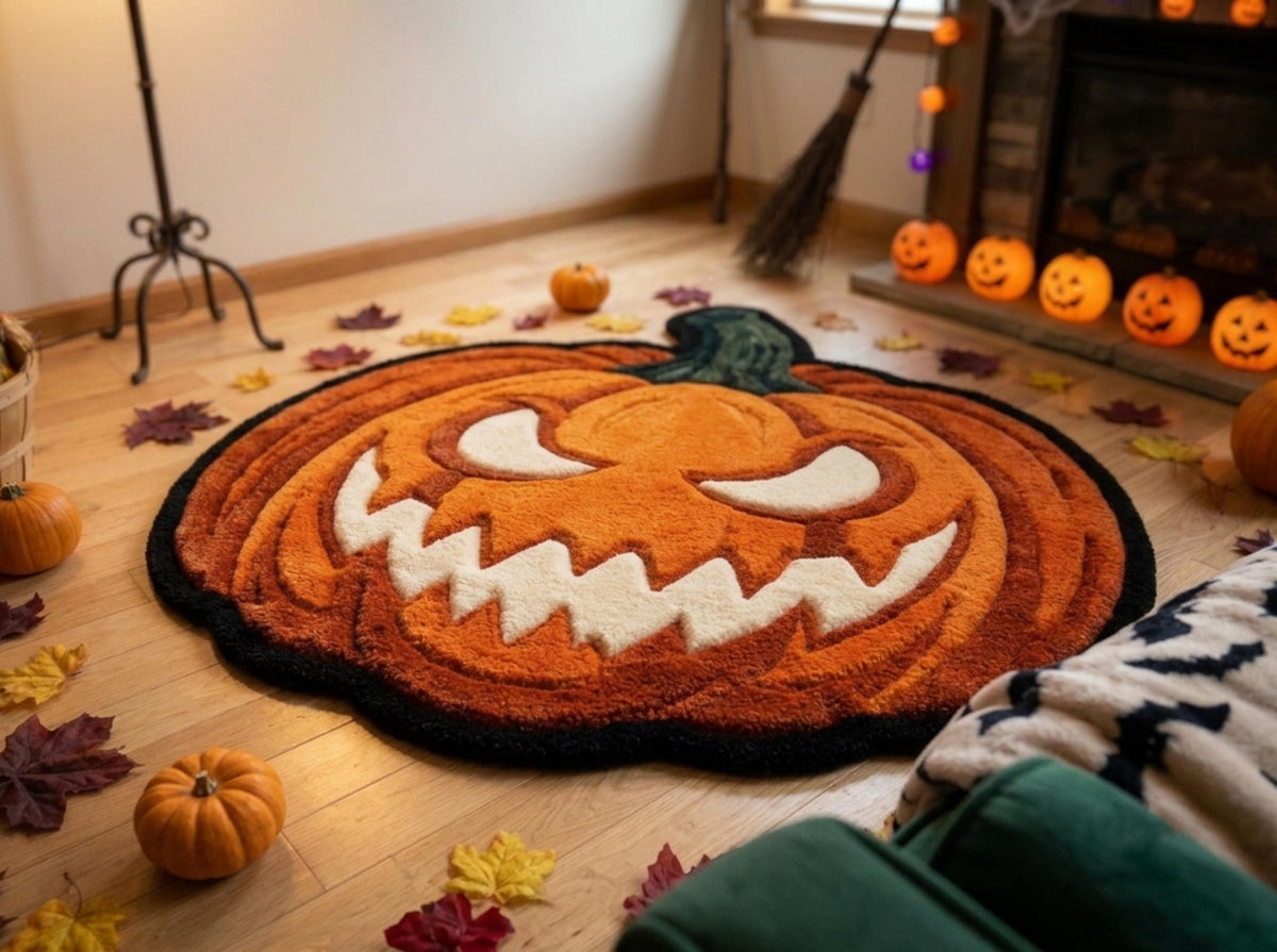 Halloween Pumpkin Rug, Hand Tufted New Zealand Wool, Jack O Lantern Area Rug, Spooky Fall Decor, Gothic Halloween Home Gift Decor!