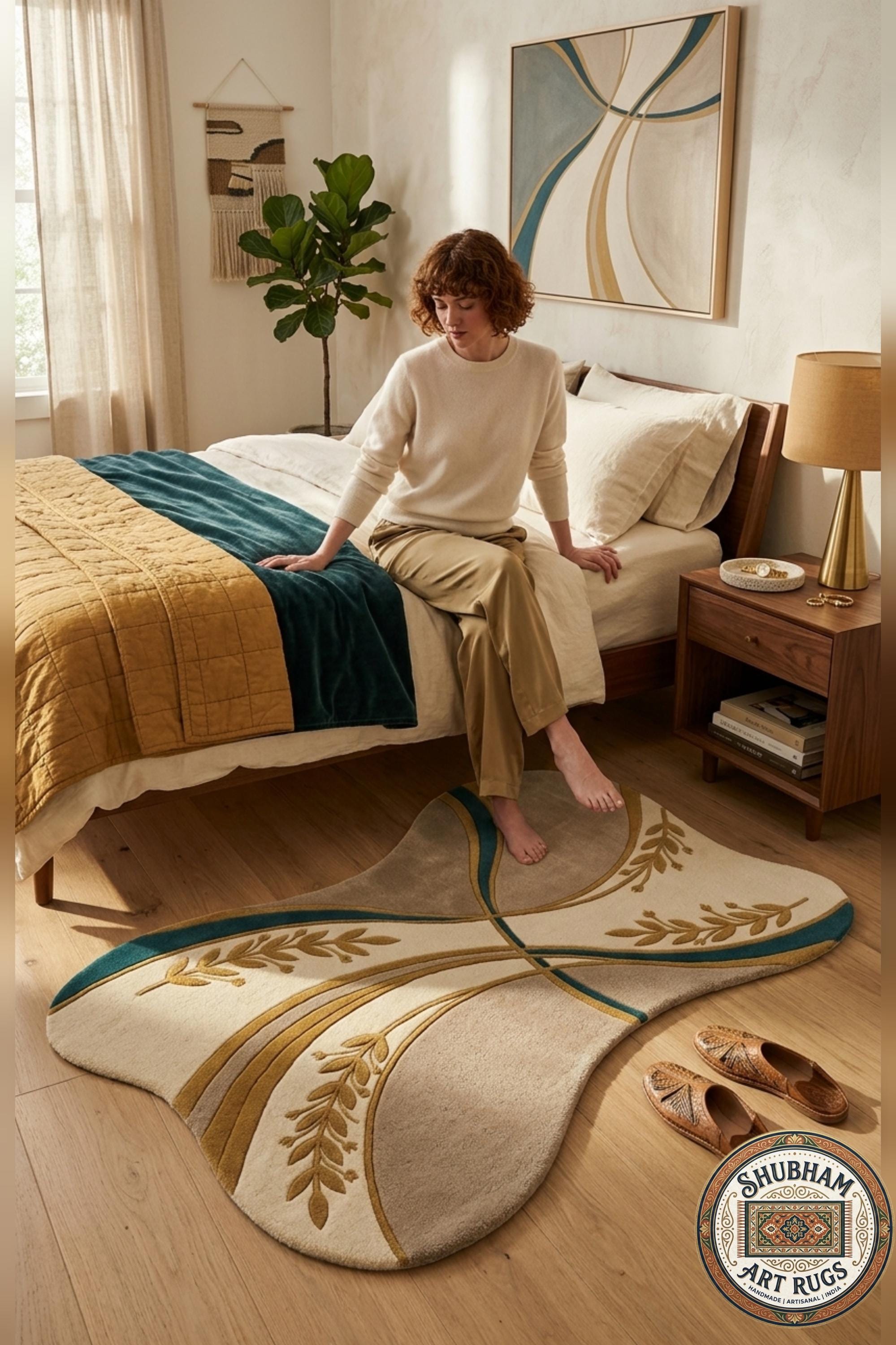 Hand Tufted Wool Rug, Irregular Abstract Botanical Design, New Zealand Blend Carpet