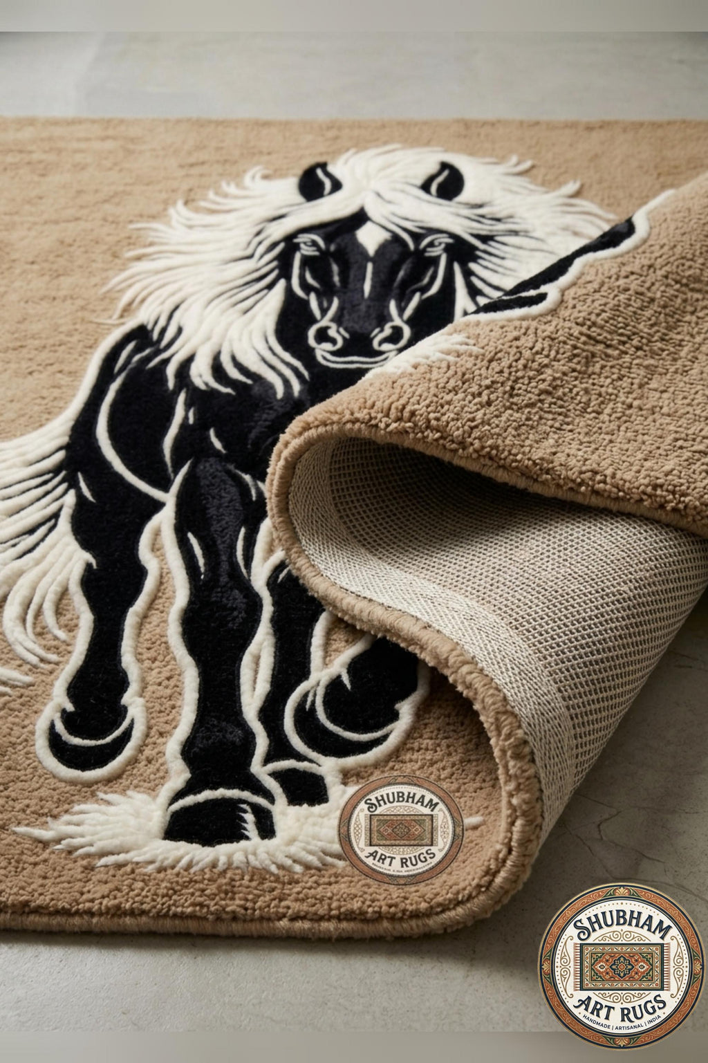 Hand Tufted Black Horse Wool Rug, Artistic Animal Area Carpet