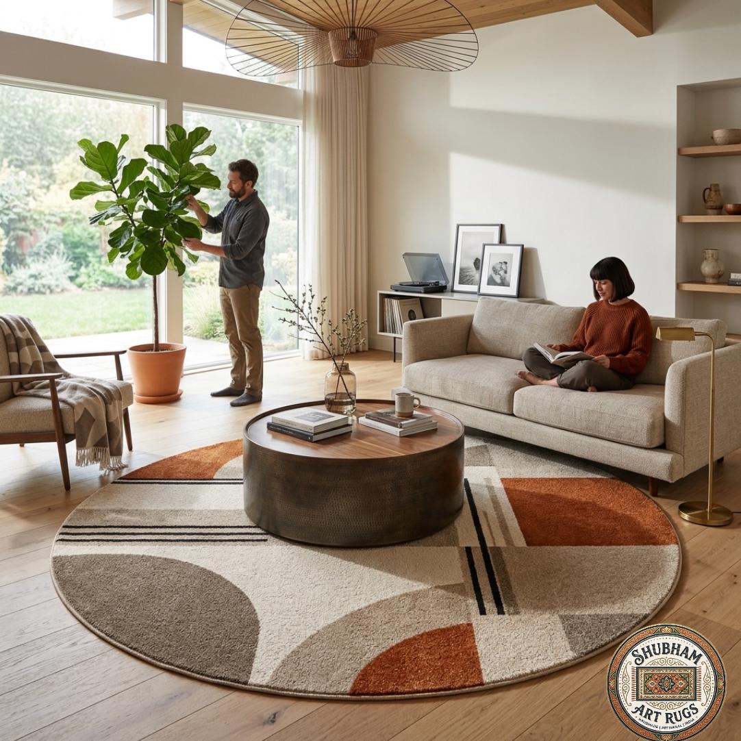 Hand Tufted Wool Rug, Geometric Mid Century Abstract Carpet, Neutral Living Room Area Rug