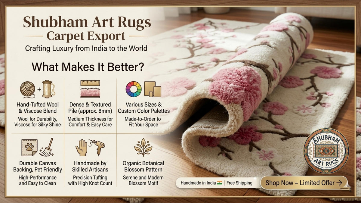 Hand Tufted Wool Cherry Blossom Rug, New Zealand Wool Botanical Carpet