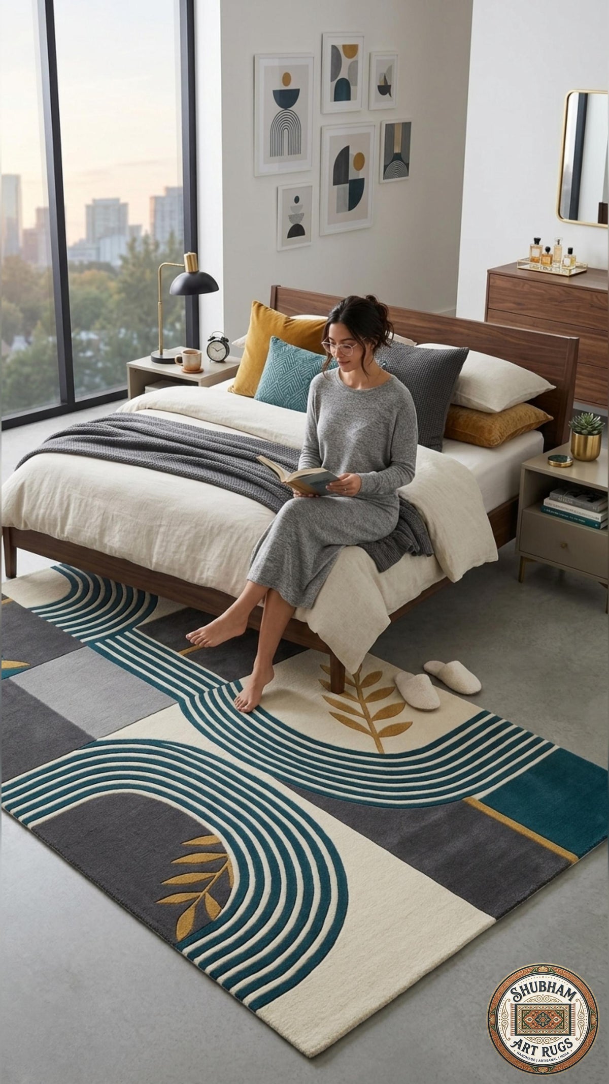 Hand Tufted Wool Rug, Modern Geometric Teal Cream Carpet, Living Room Bedroom Area Rug