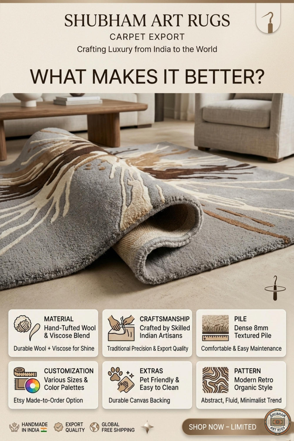 Hand Tufted Wool Abstract Splash Rug – Modern Living Room Carpet