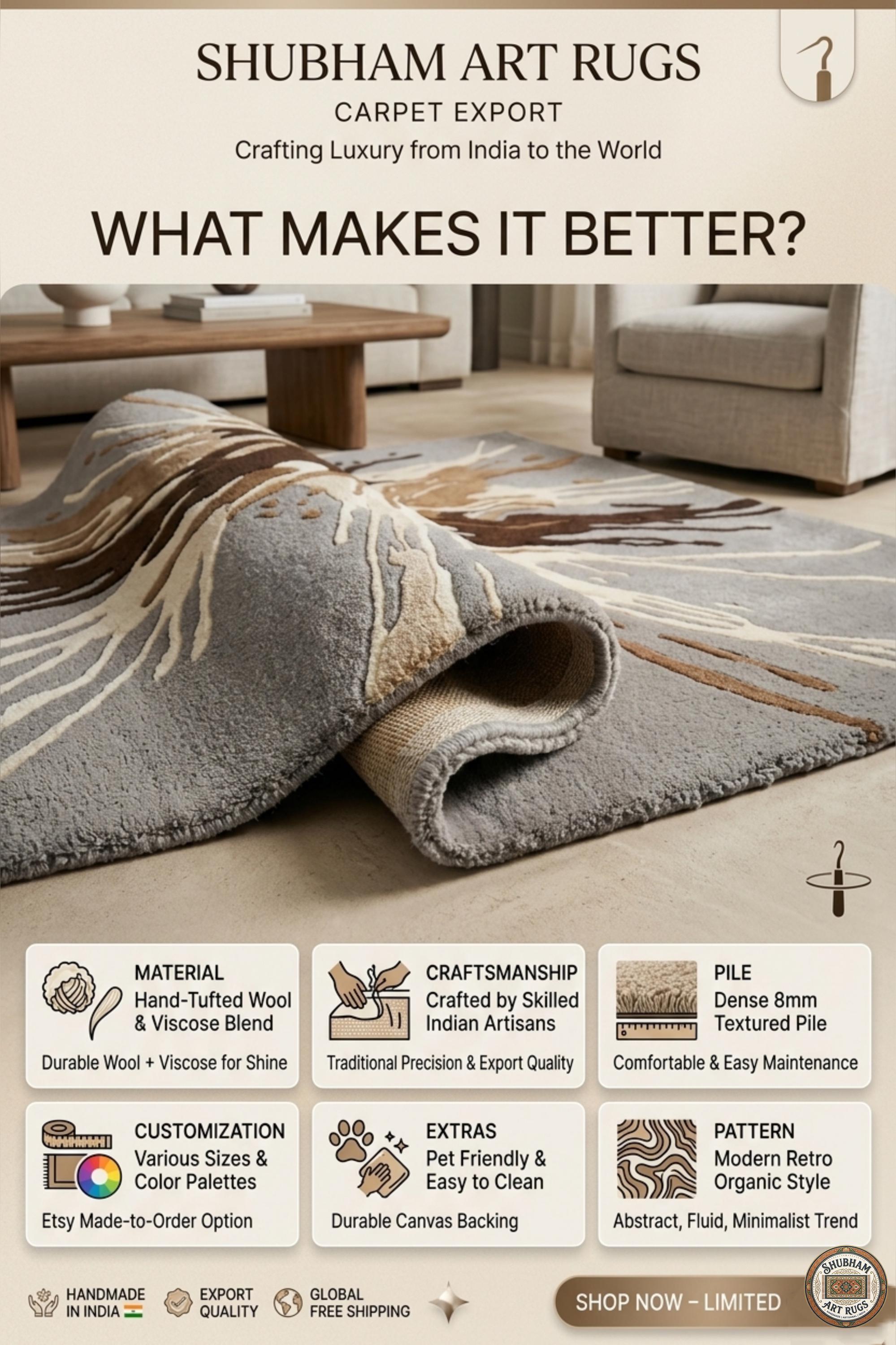 Hand Tufted Wool Abstract Splash Rug – Modern Living Room Carpet