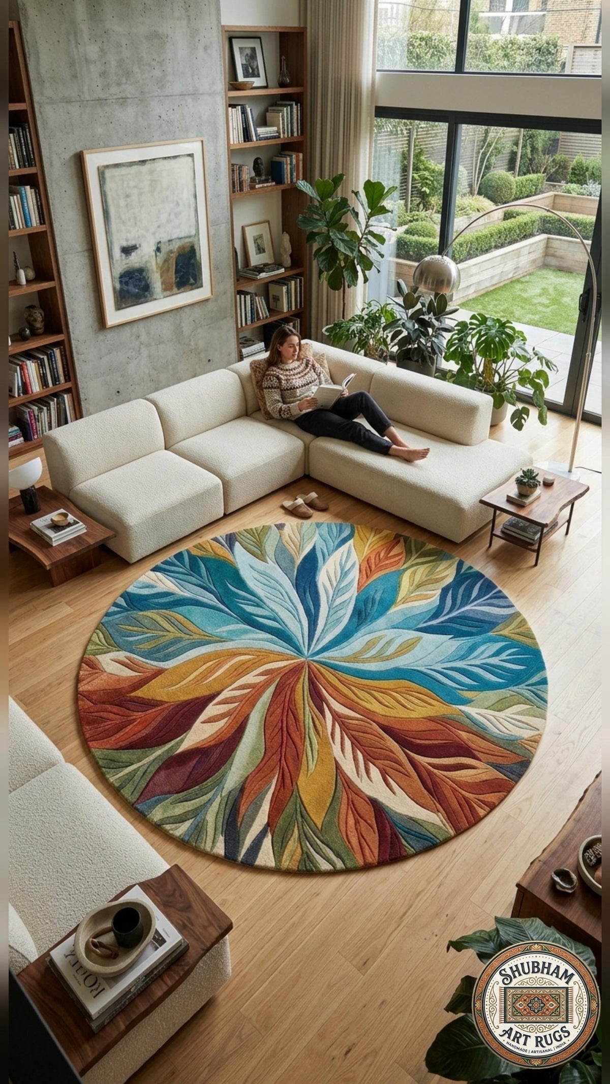 Hand Tufted Wool Leaf Rug, Botanical Area Carpet, Modern Colorful Design