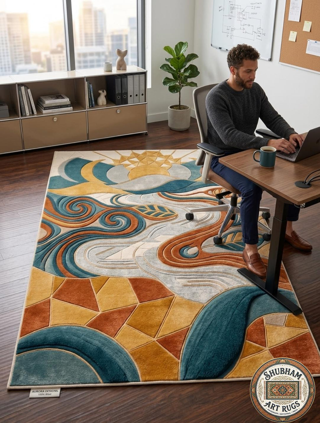 Hand Tufted Wool Rug, Abstract Geometric Mid Century Carpet, Boho Living Room Floor Decor