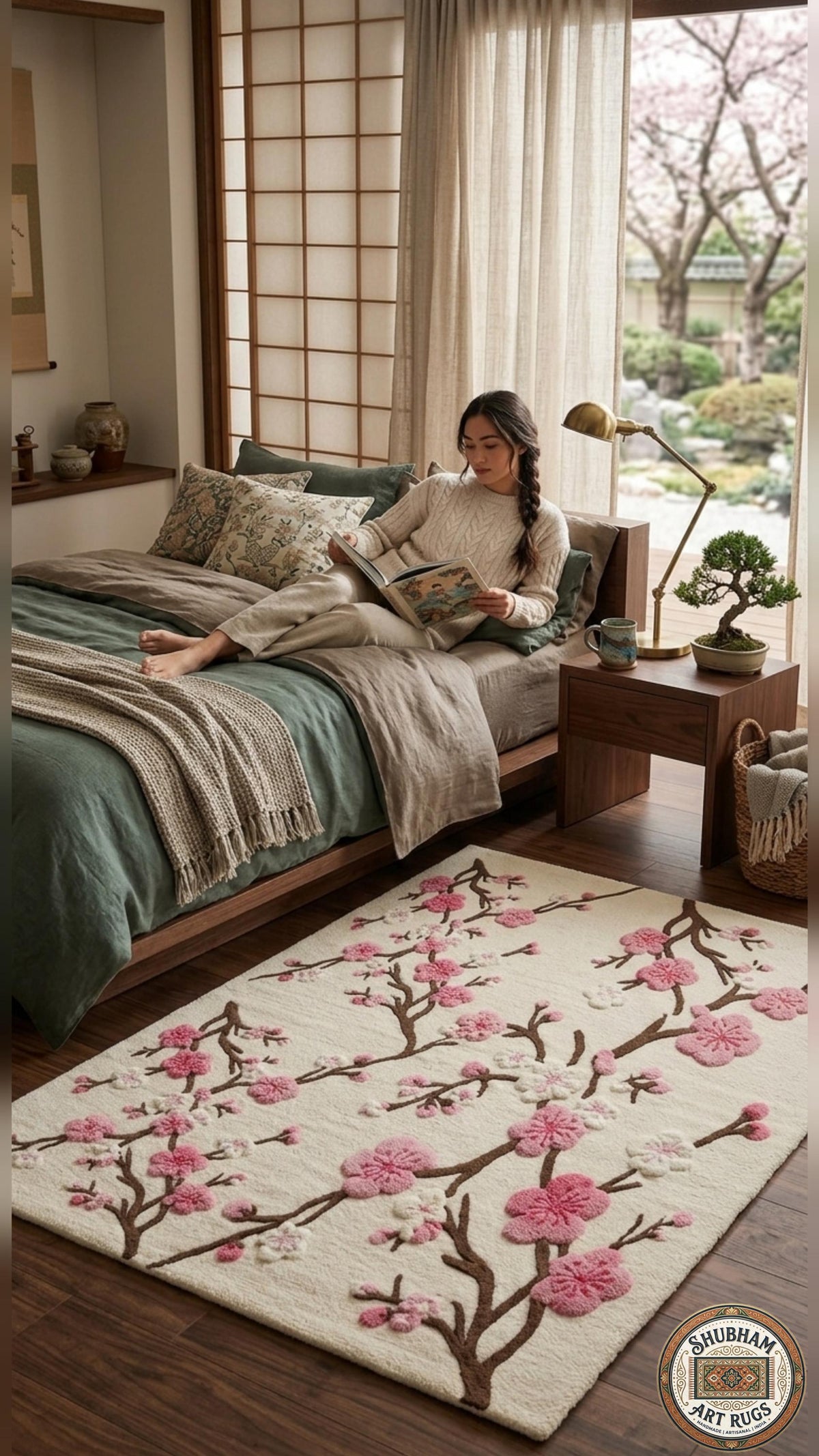 Hand Tufted Wool Cherry Blossom Rug, New Zealand Wool Botanical Carpet