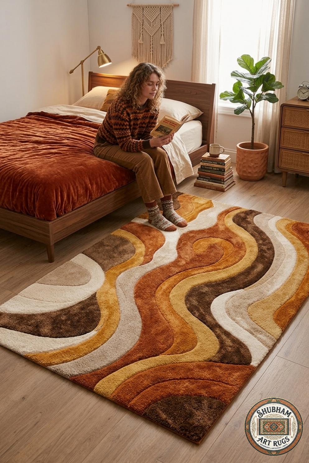 Hand Tufted Wool Rug: Retro Wavy Design, Mid Century Modern Carpet