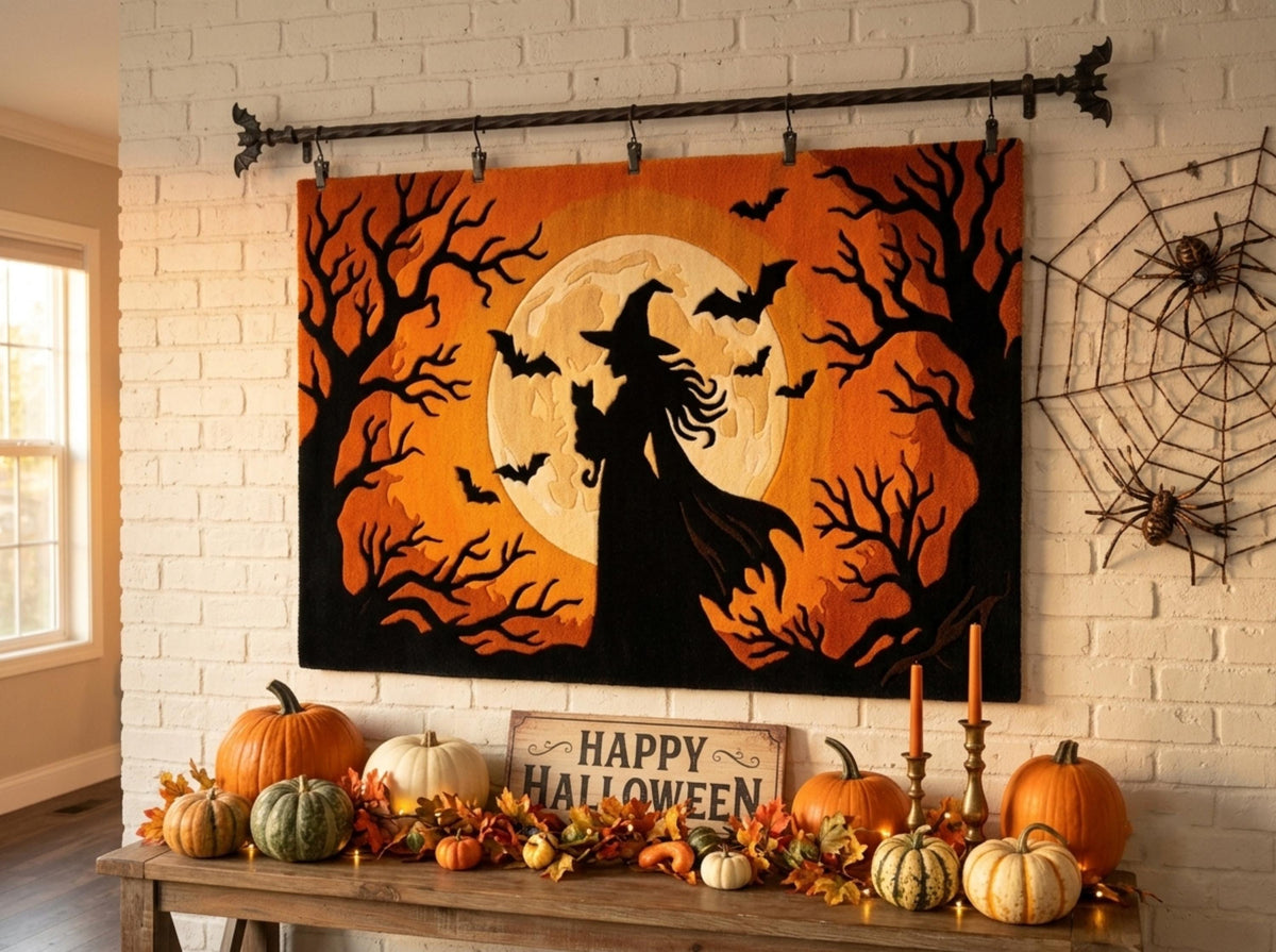 Halloween Witch Rug, Hand Tufted New Zealand Wool Rug, Gothic Orange Moon Bat Carpet, Spooky Fall Decor, Halloween Living Room Rug