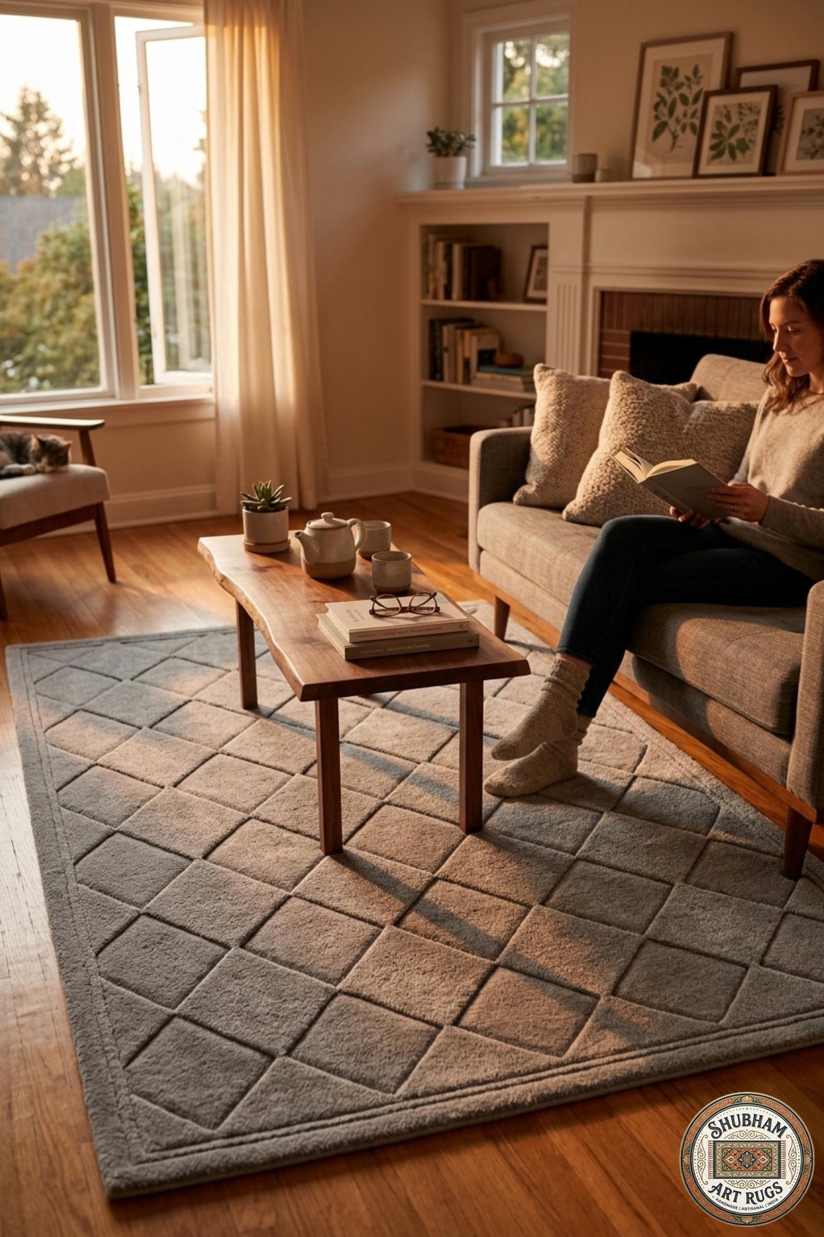 Hand Tufted Wool Rug: Grey Geometric Diamond Pattern, Soft Plush Carpet