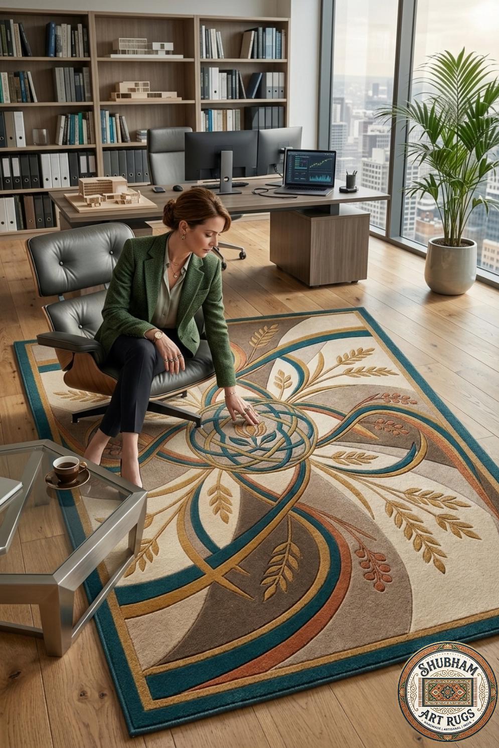 Hand Tufted Wool Round Rug, Floral Abstract Art Deco, Beige Green Gold Living Room