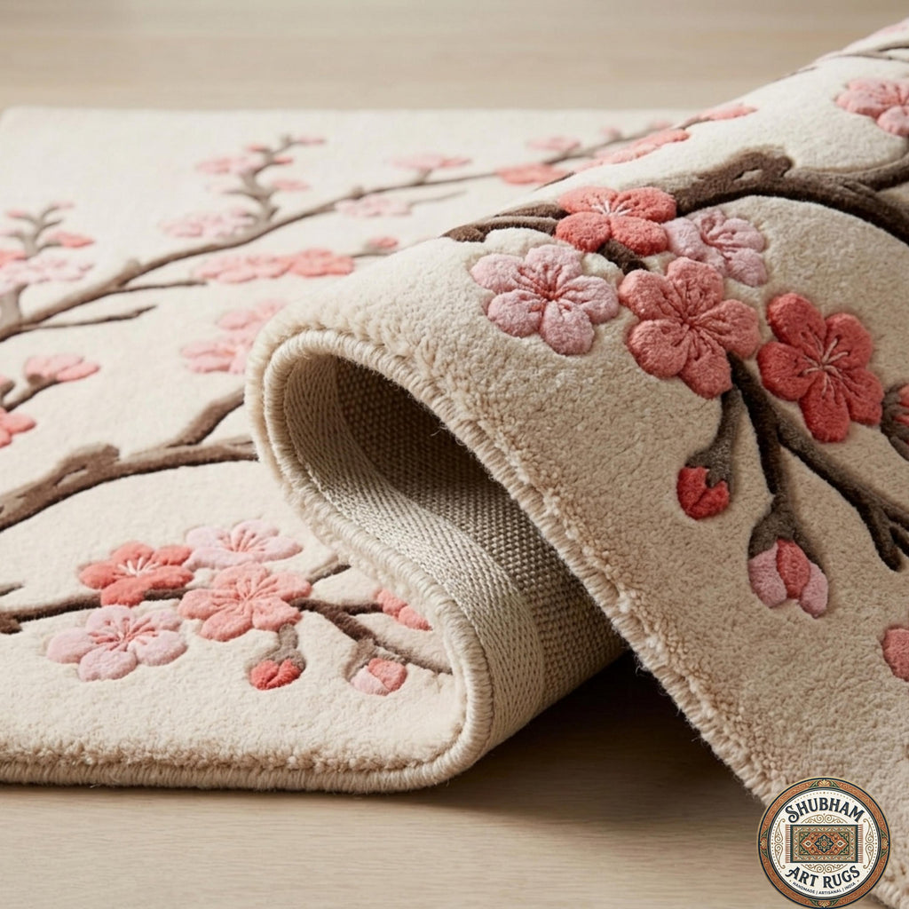 Hand Tufted Wool Cherry Blossom Rug, Floral Sakura Carpet, Shubham Art Rugs