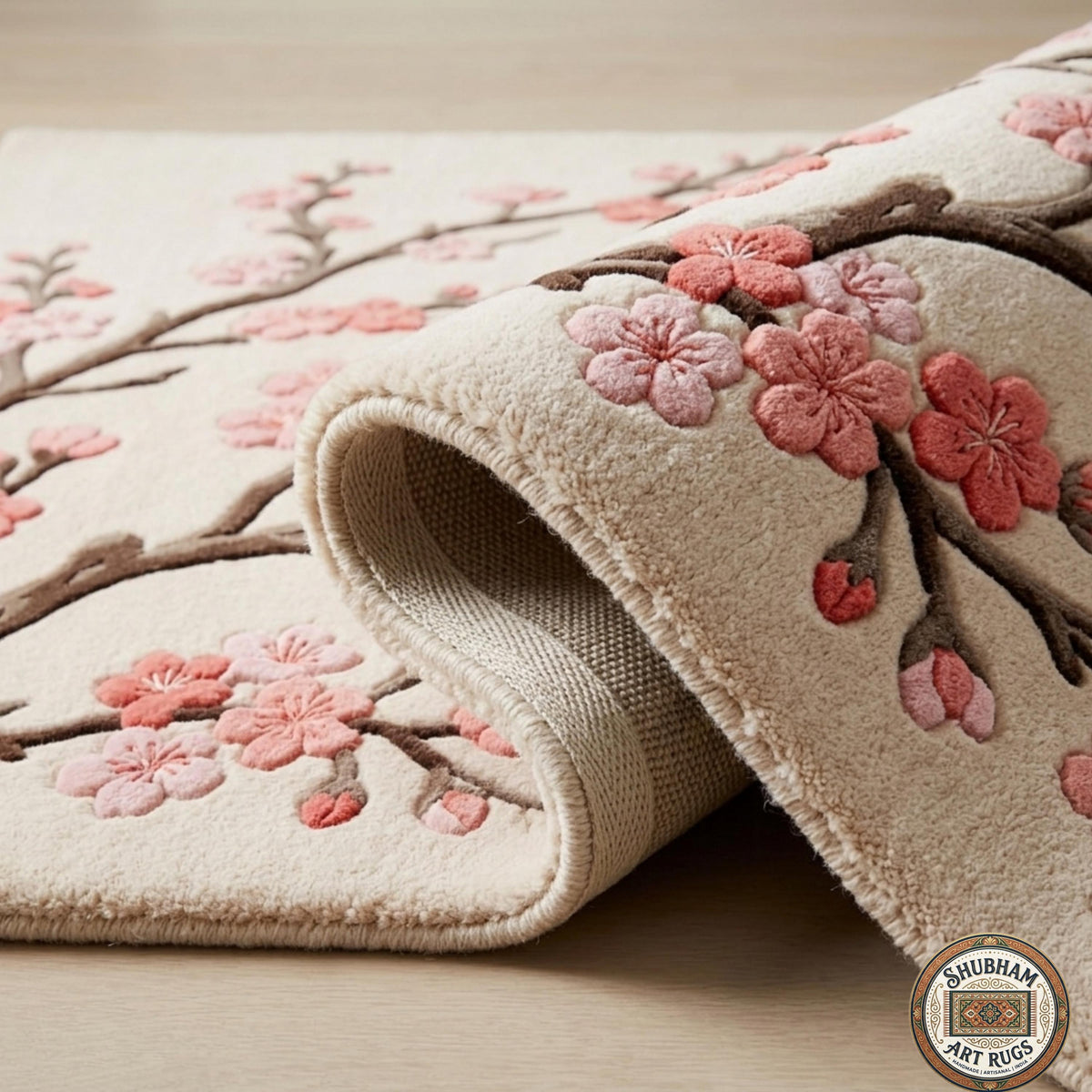 Hand Tufted Wool Cherry Blossom Rug, Floral Sakura Carpet, Shubham Art Rugs