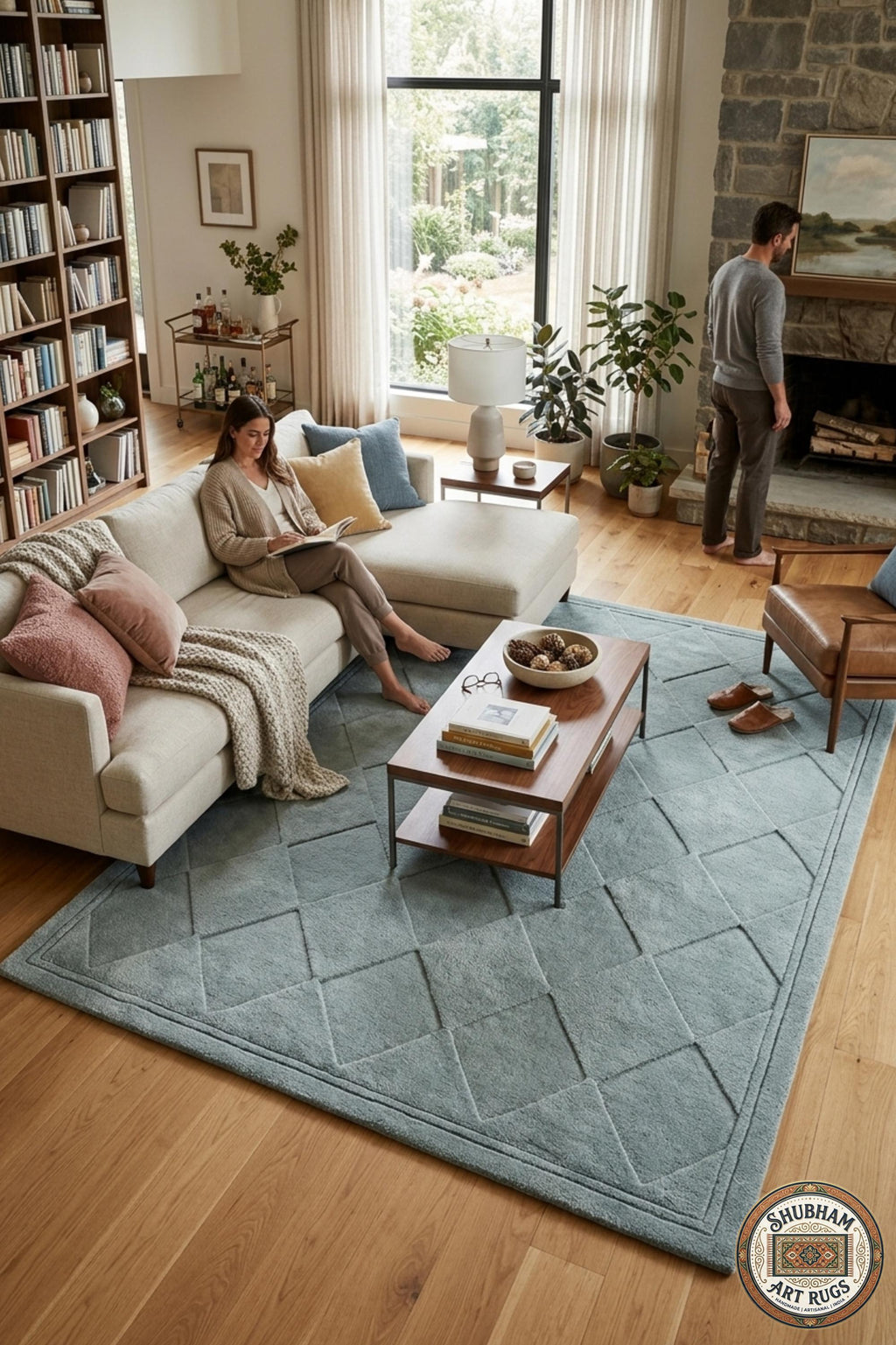 Alfombra de Lana Azul de Tufting Manual Geométrico – Tapete Moderno Minimalista para Sala de Estar