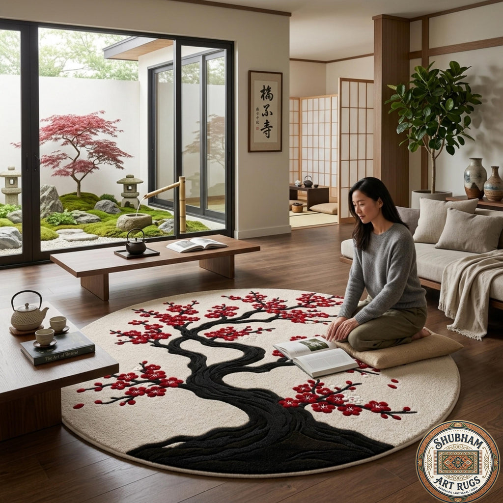 Hand Tufted Wool Rug, Japanese Cherry Blossom Floral Carpet, Round Area Rug