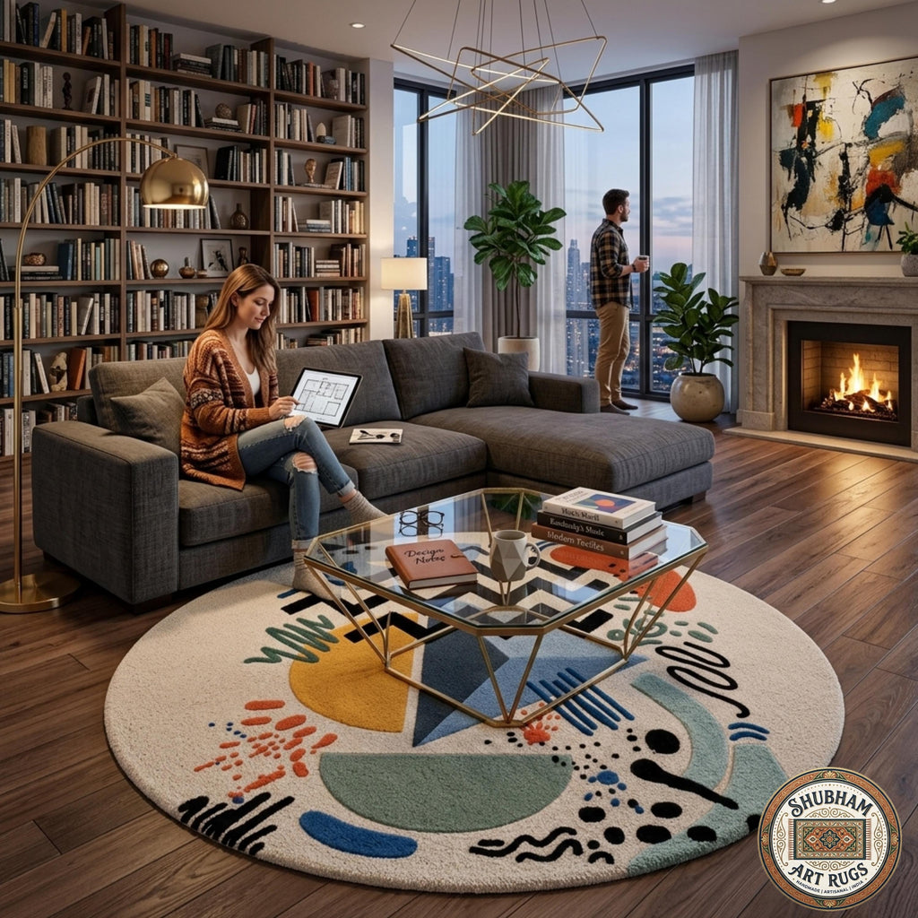 Abstract Hand Tufted Wool Rug, Geometric Indian Carpet, Luxury Living Room Area Rug