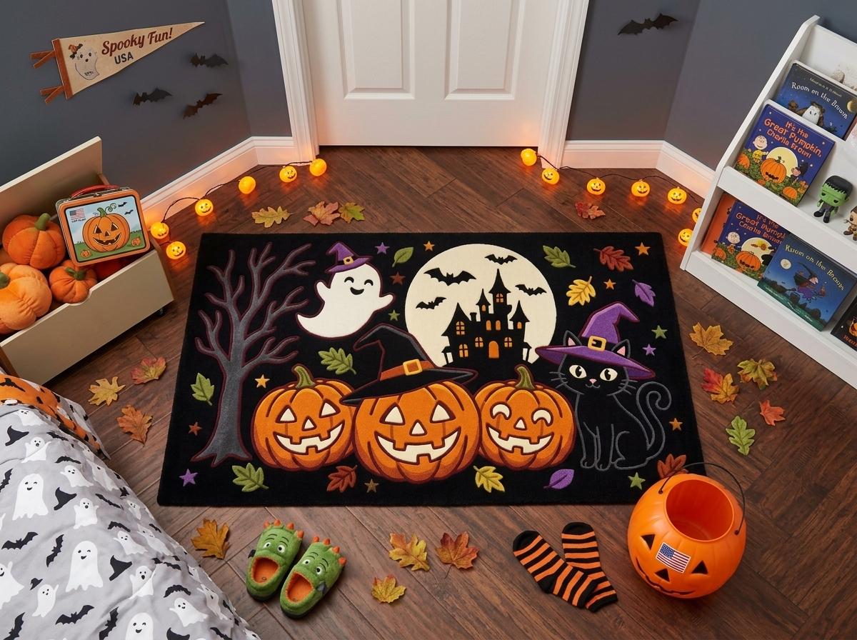 Halloween Pumpkin Ghost Rug, Hand Tufted New Zealand Wool Area Rug, Witchy Haunted House Decor, Spooky Fall Home Accent for Seasonal Style