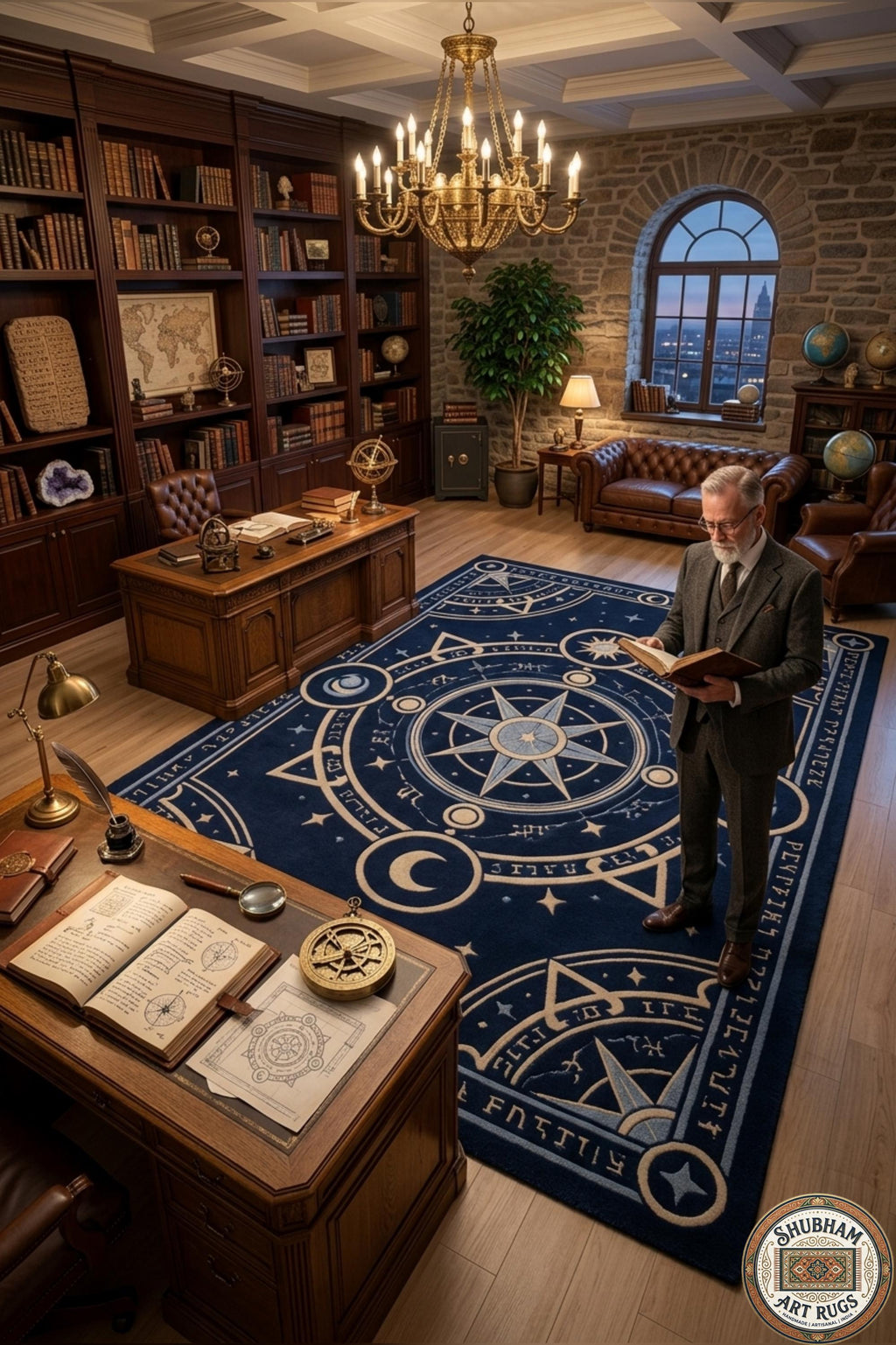 Hand Tufted Wool Celestial Rug, Magic Circle Round Carpet, Astrology Star Navy Blue