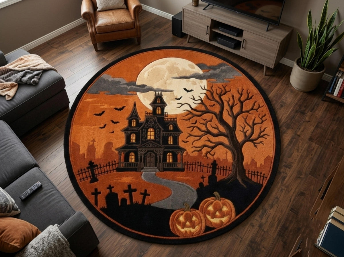Hand Tufted New Zealand Wool Halloween Rug, Haunted House, Gothic Pumpkin Area Rug