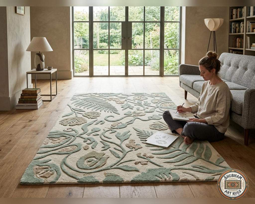 Hand Tufted Wool Rug, Botanical Design, Green Beige, Custom Size Area Carpet