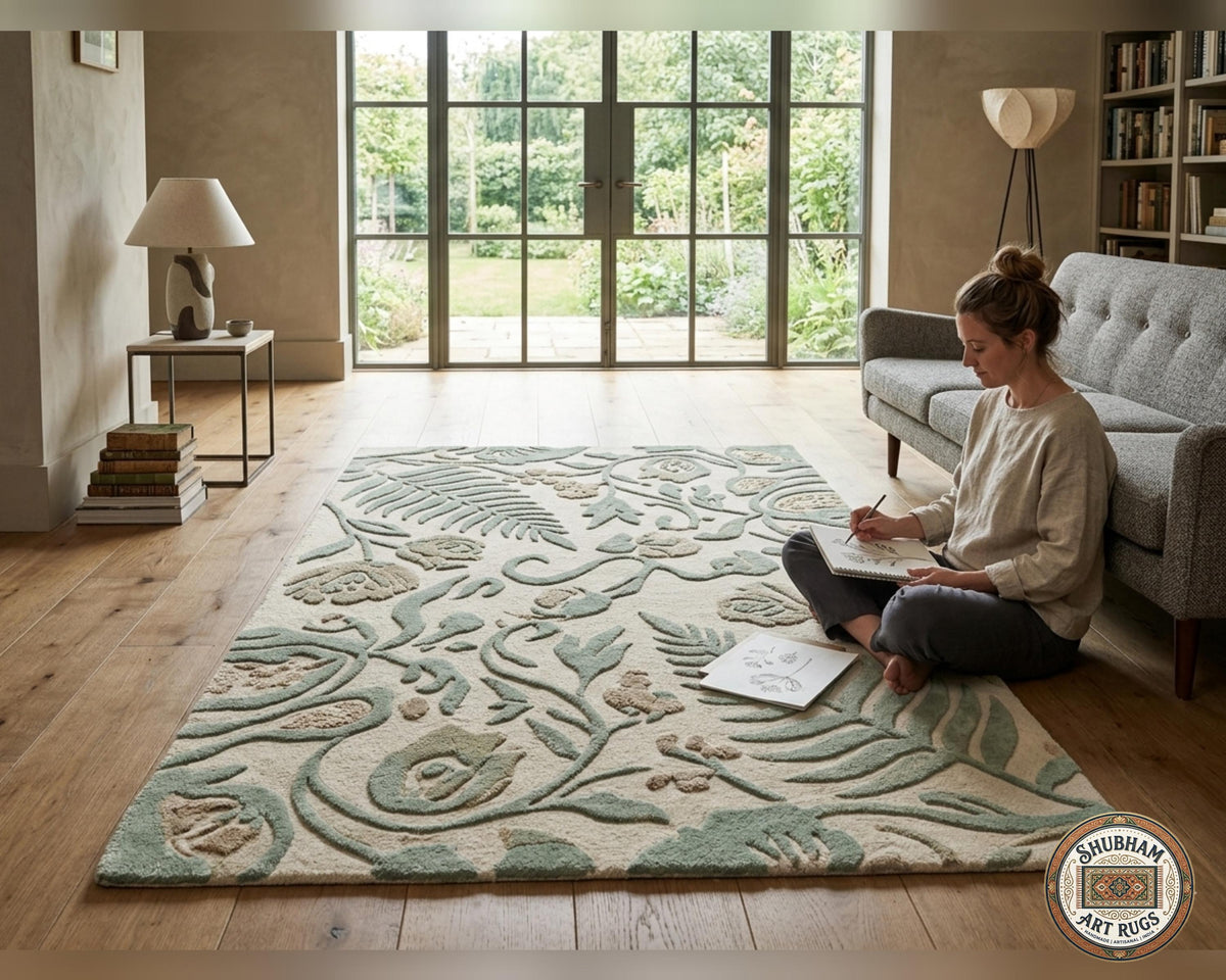 Hand Tufted Wool Rug, Botanical Design, Green Beige, Custom Size Area Carpet